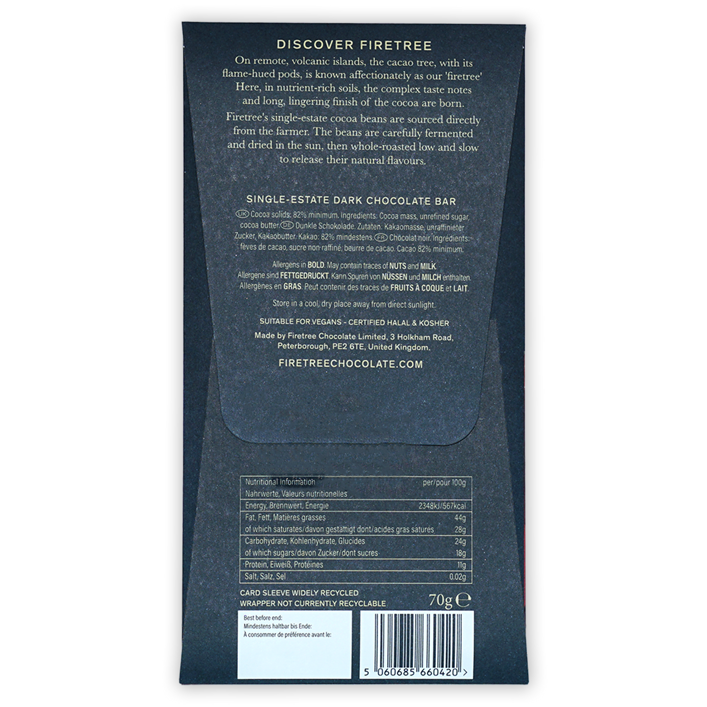Firetree Solomon Island Guadalcanal 82% dark chocolate bar back with origin and nutrition info