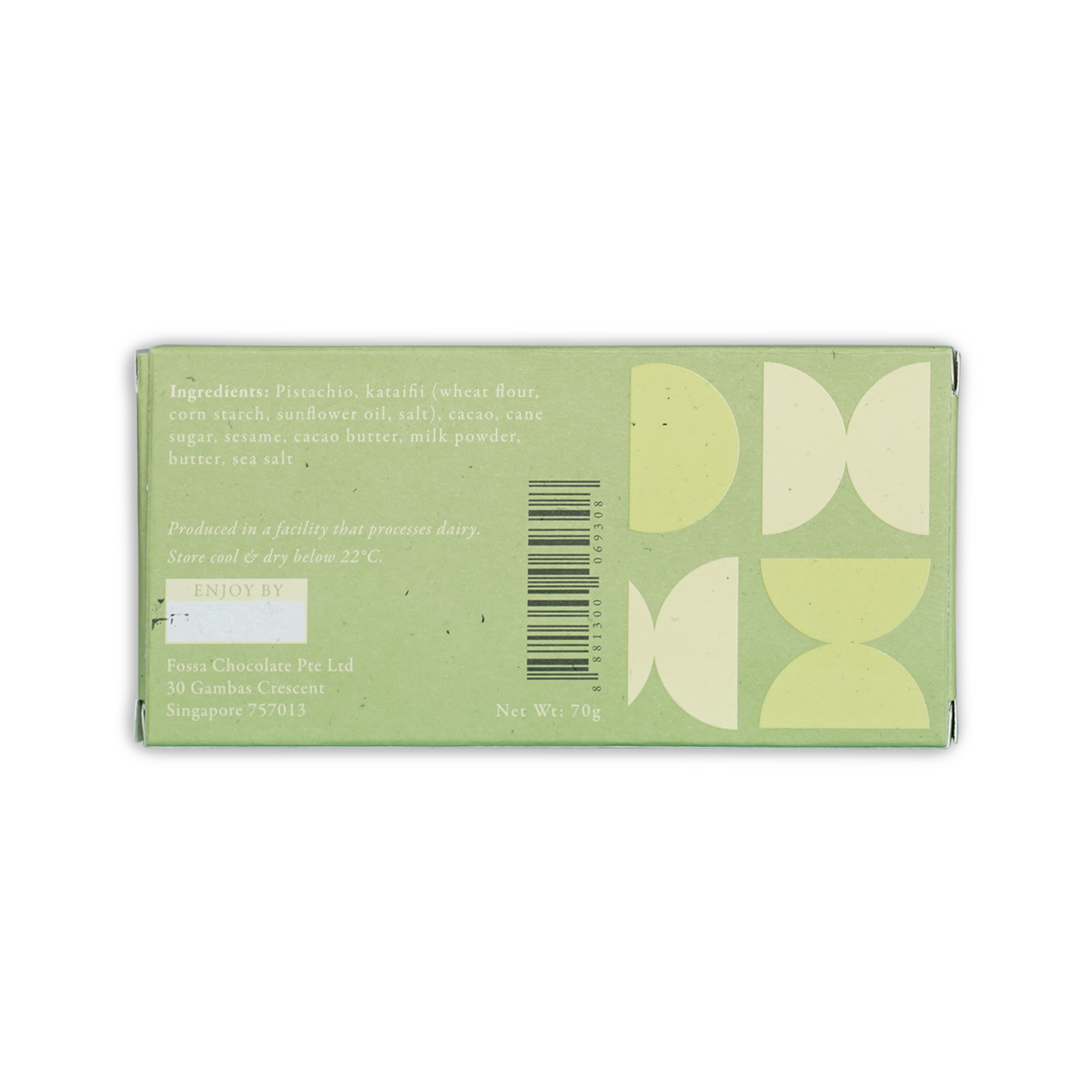Back of Fossa Milk Pistachio Meltaway Knafeh: light green box with white patterns