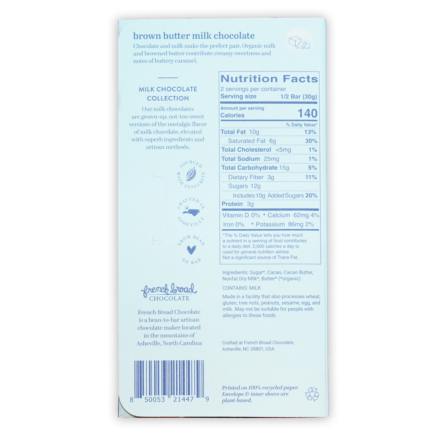 French Broad milk chocolate bar with brown butter 45% package