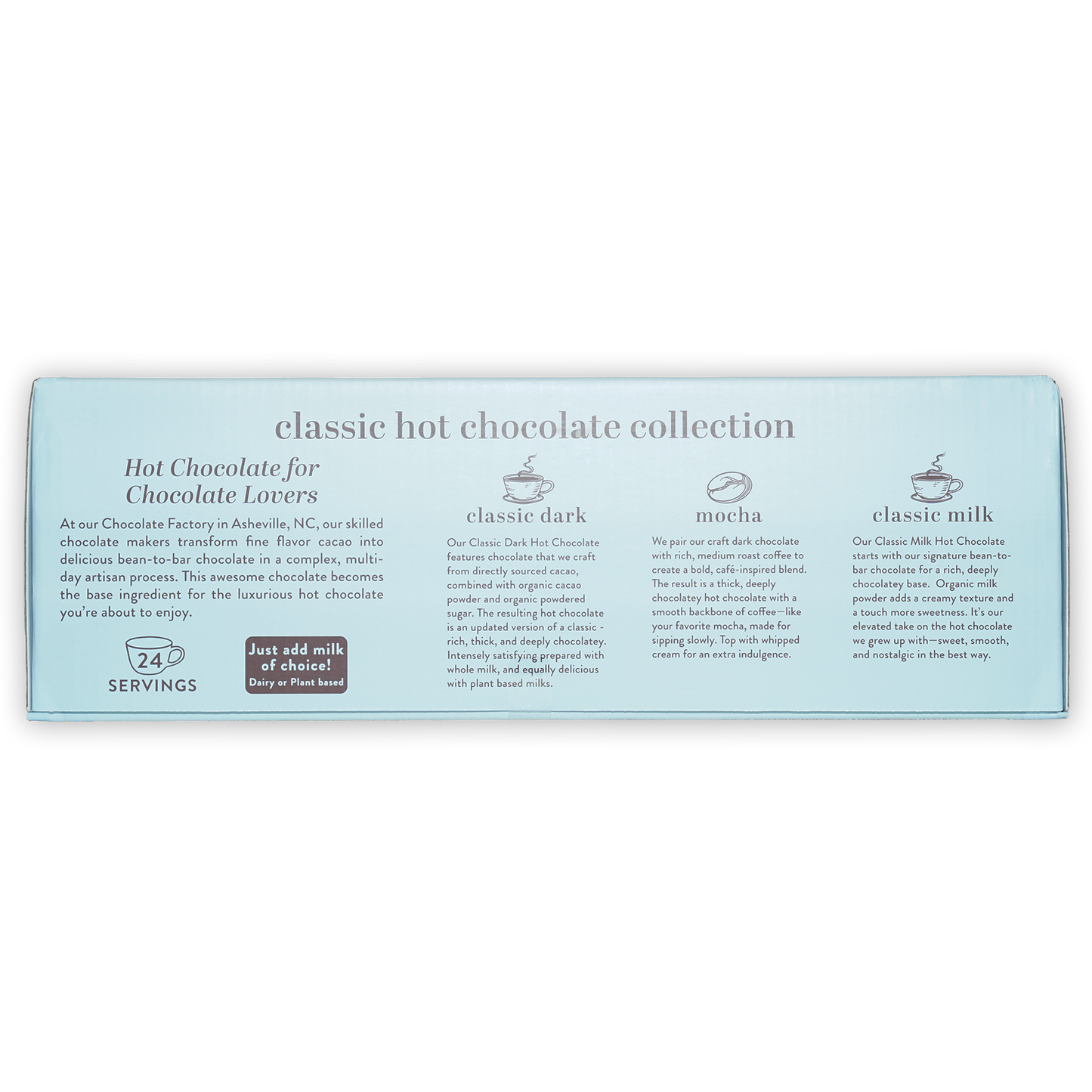 French Broad Classic Hot Chocolate Collection in light blue box with dark mocha milk varieties