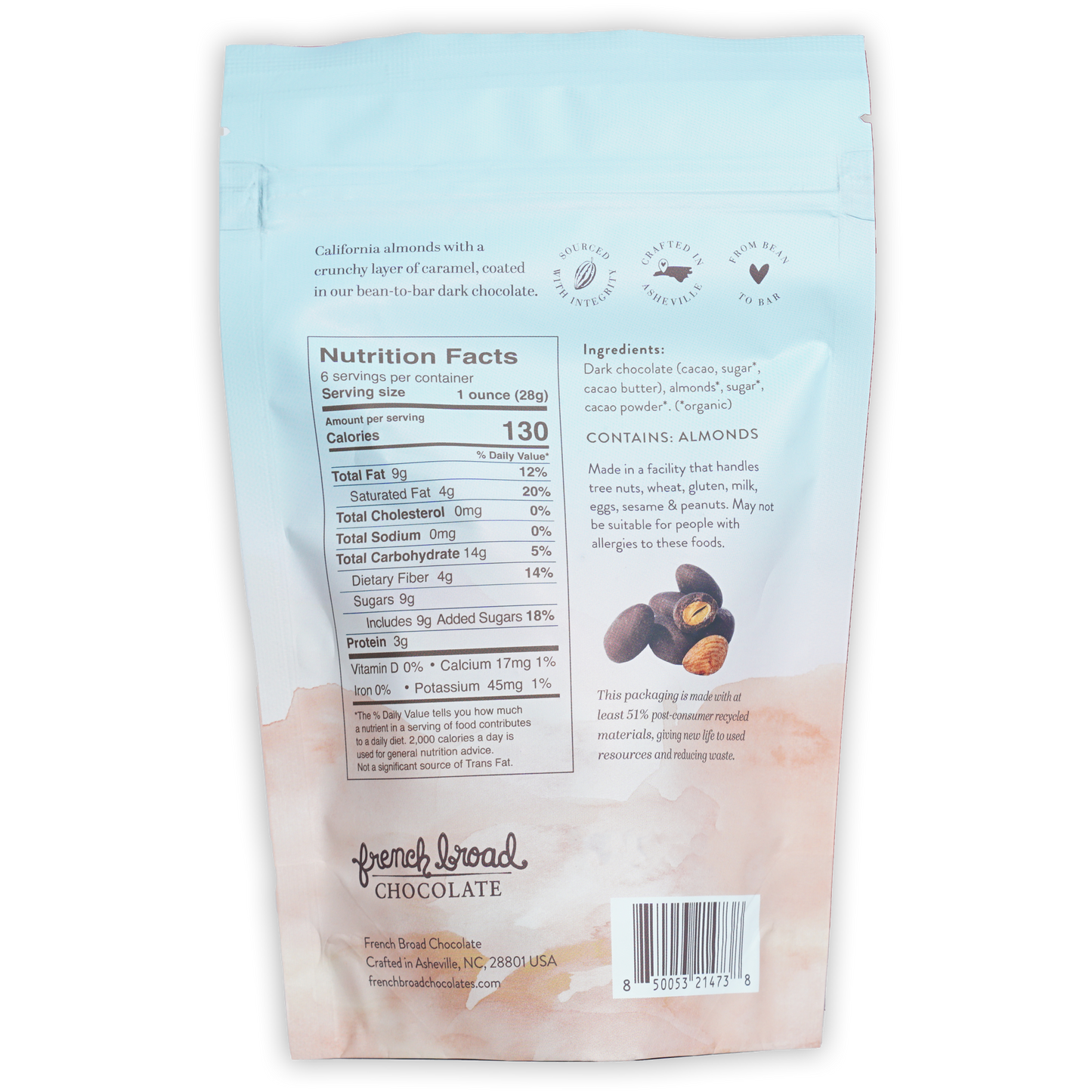 French Broad dark chocolate covered caramelized almonds in light blue pink foil bag