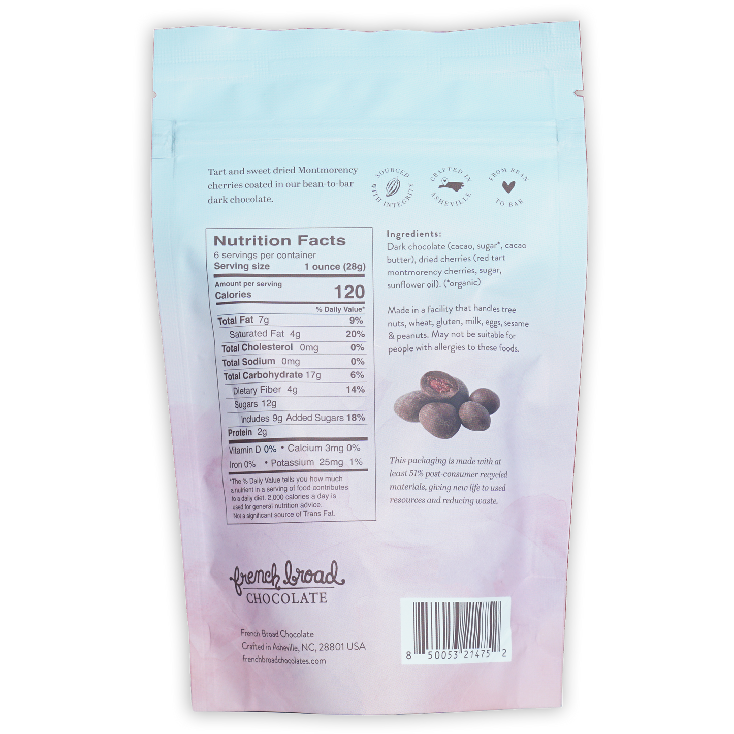 French Broad Dark Chocolate Covered Cherries glossy light blue packaging