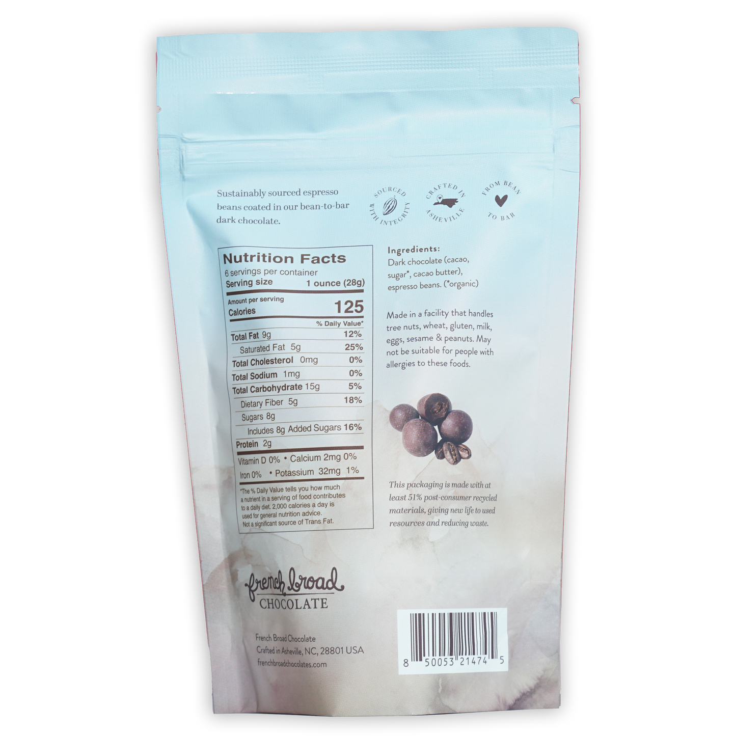 Light blue resealable pouch of French Broad dark chocolate covered espresso beans