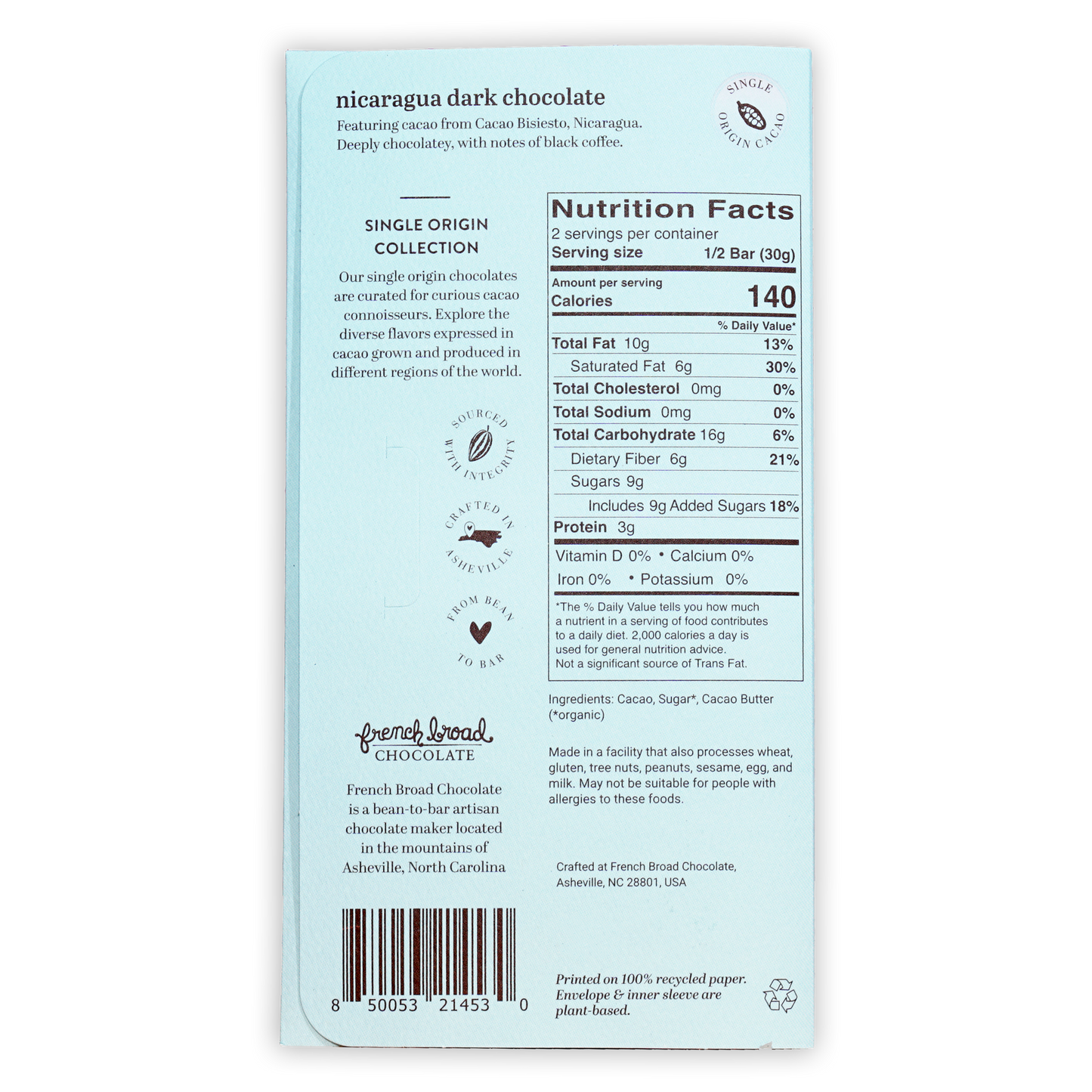 French Broad Nicaragua dark chocolate bar 70% light blue package
