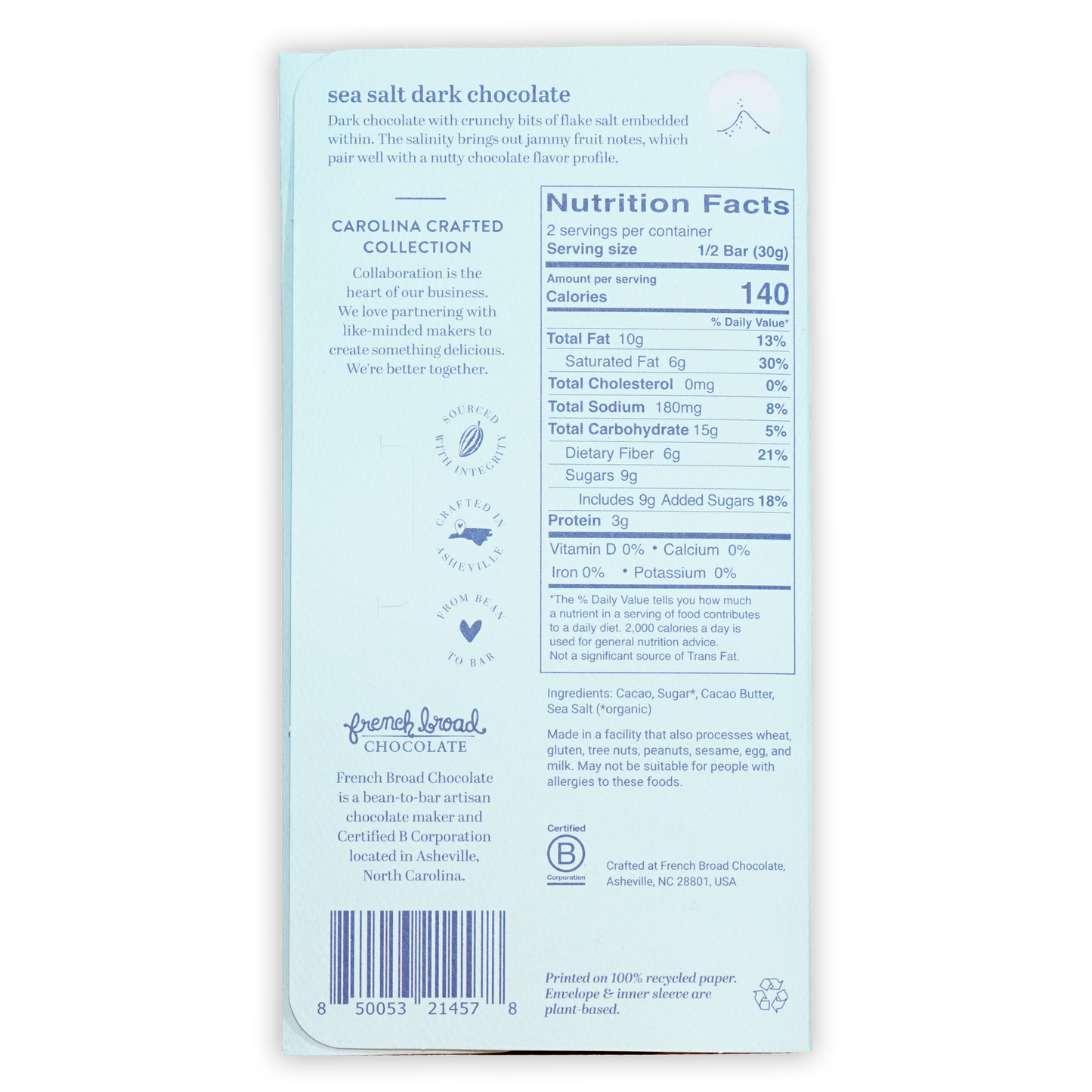 French Broad Dark Chocolate w/ Sea Salt 70% light blue wrapper