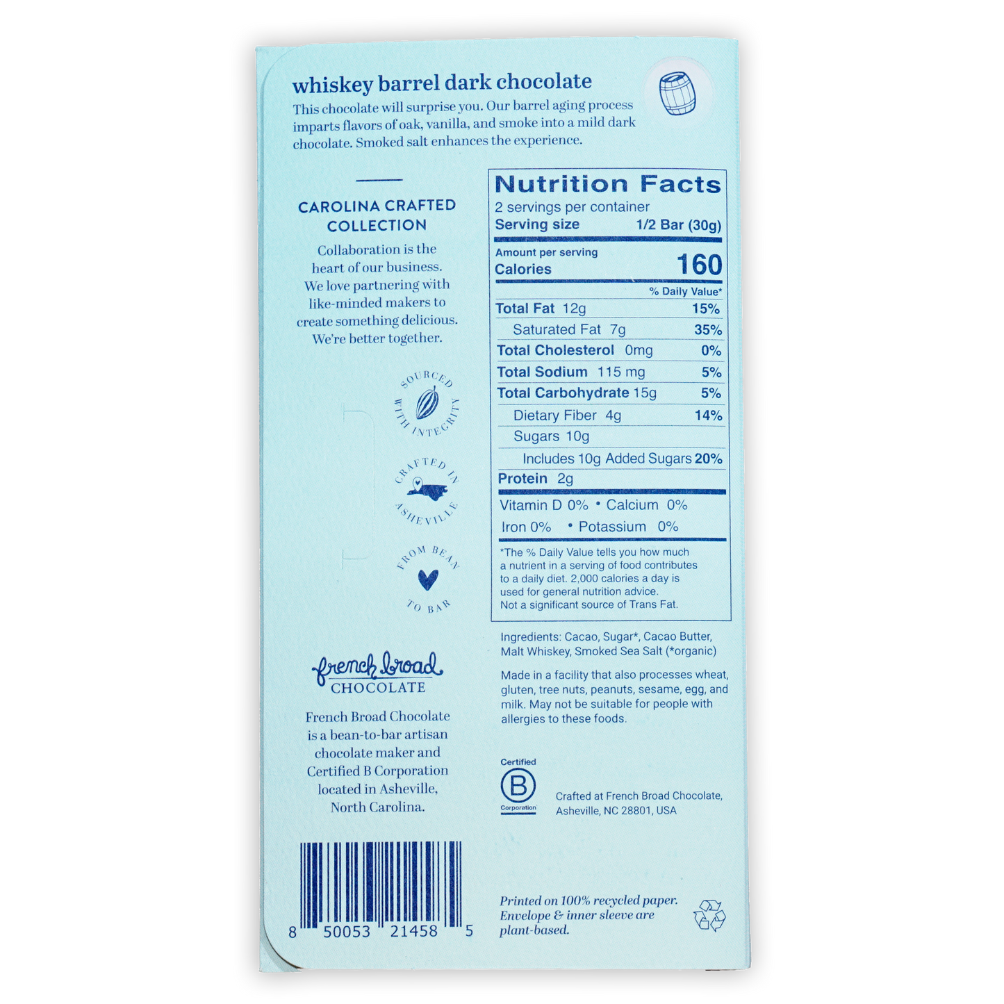 French Broad Dark Chocolate Whiskey Barrel 69% light blue wrapper back