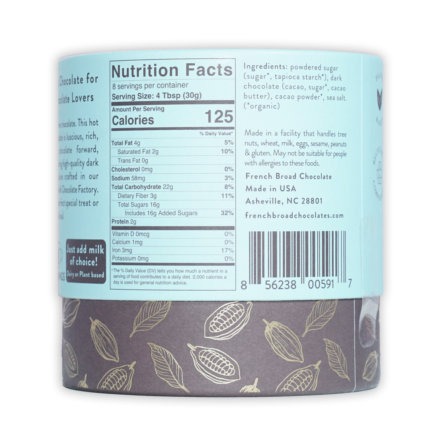 French Broad Dark Hot Chocolate Mix in cylindrical container