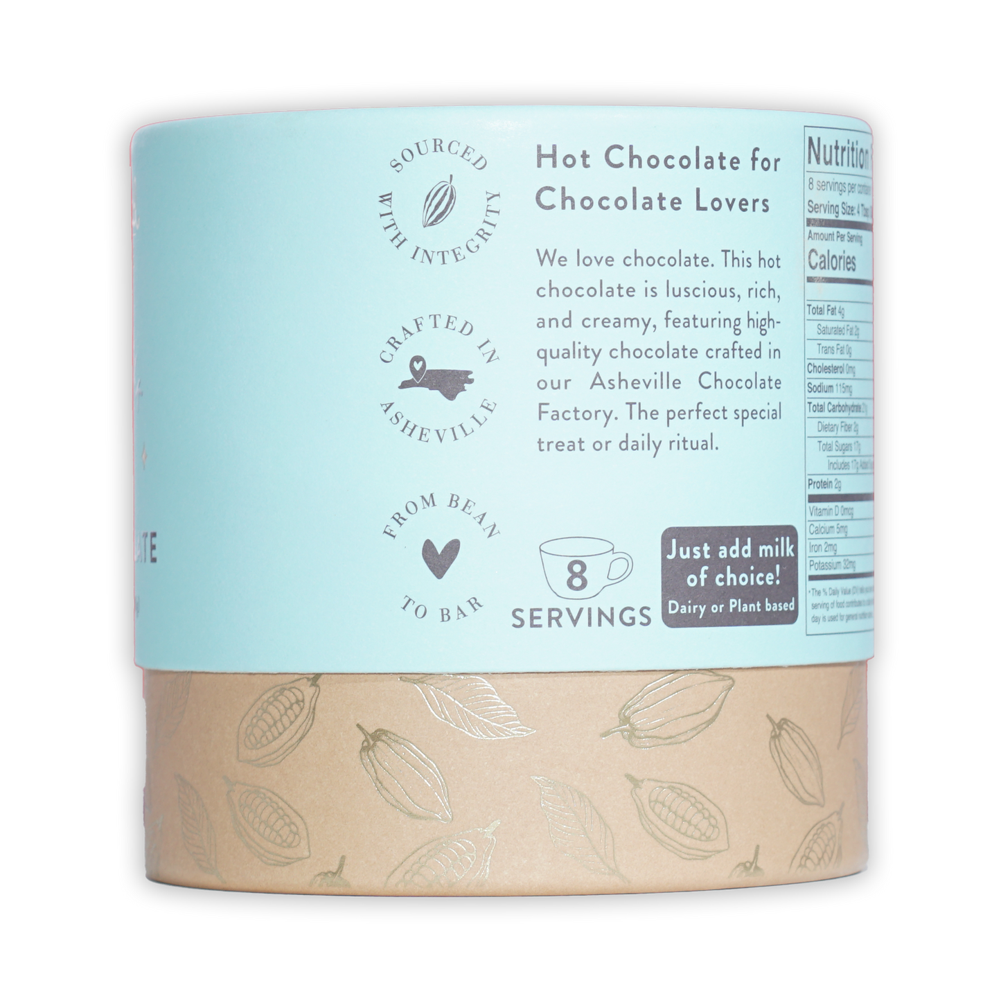 French Broad Milk Hot Chocolate Mix light blue cylindrical can with cocoa pod band