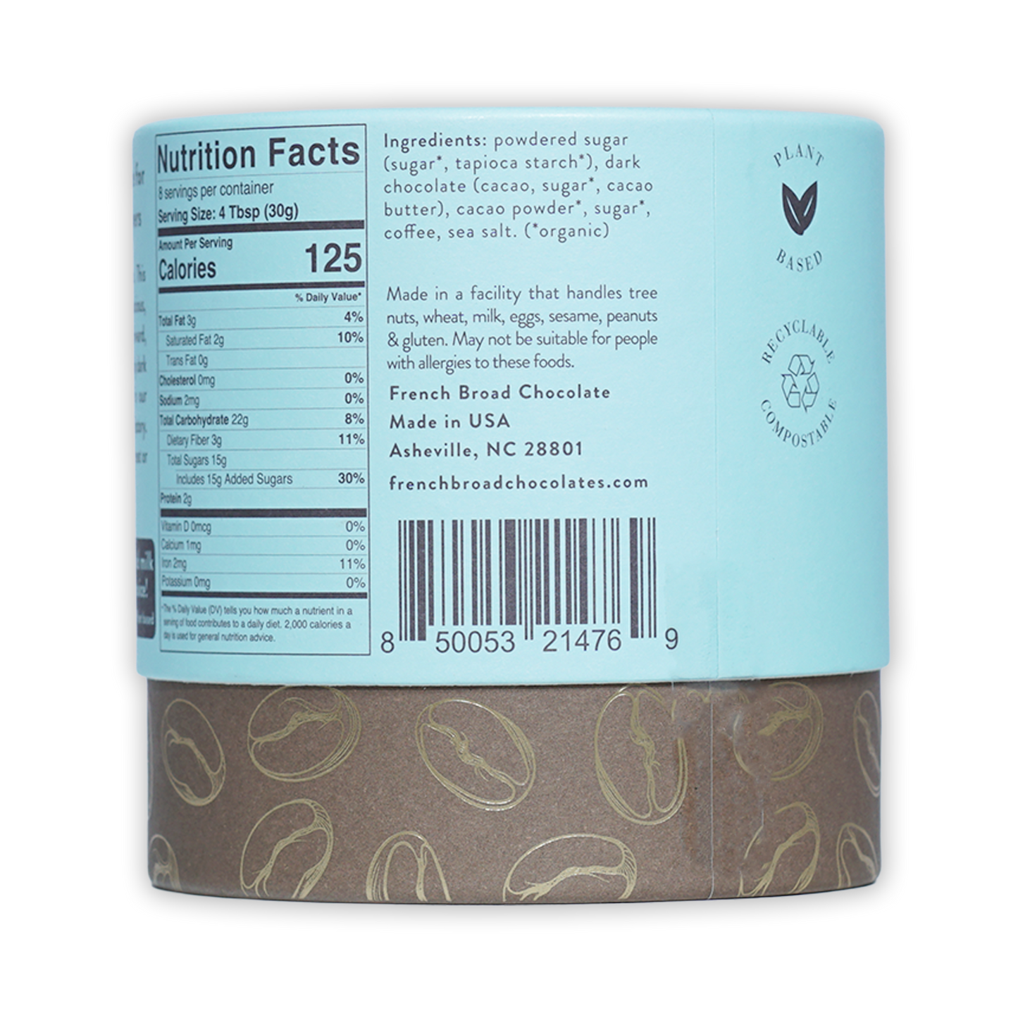 French Broad Mocha Hot Chocolate plant-based light blue cylindrical can with brown base and gold coffee beans