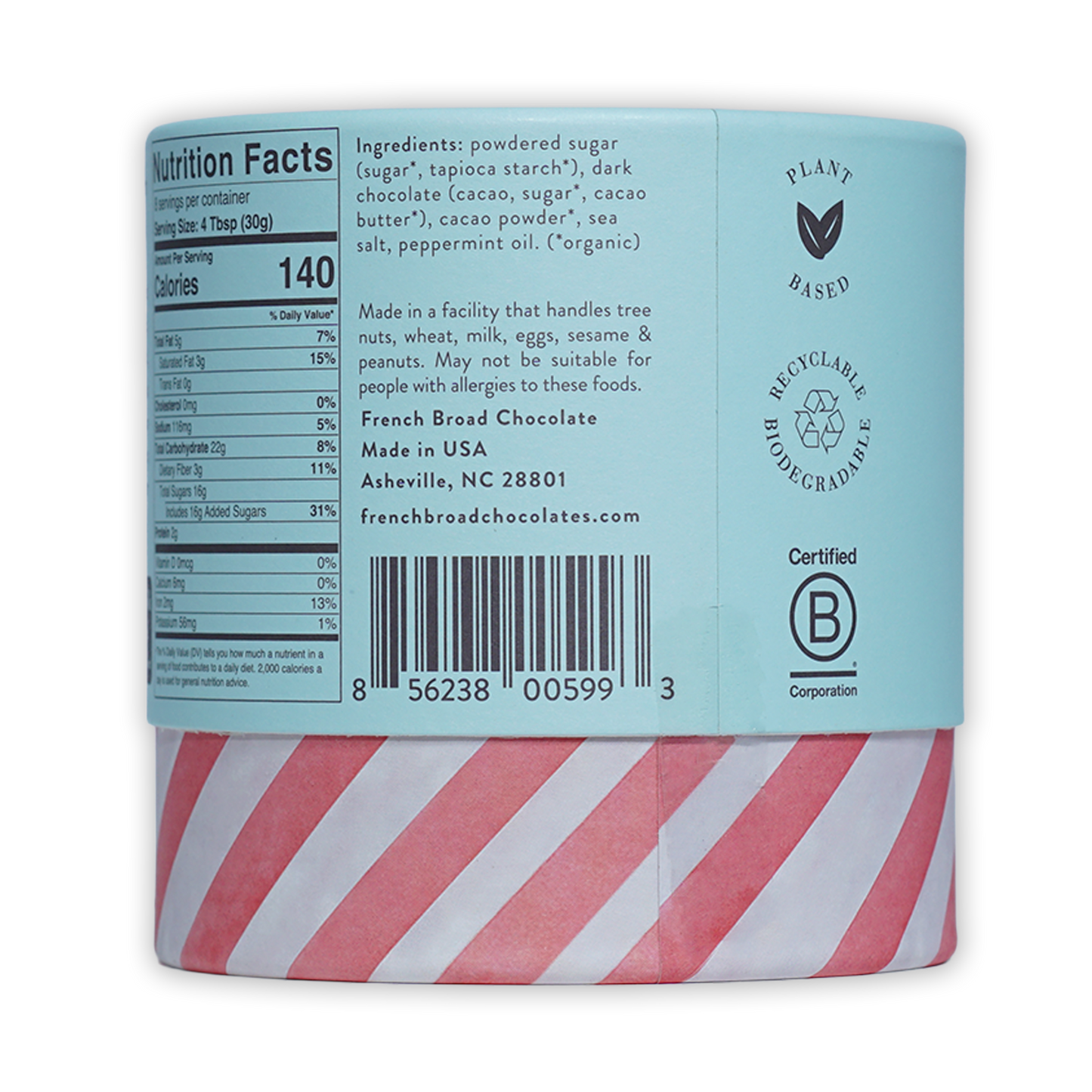 French Broad Peppermint Hot Chocolate in light blue cylinder with red white stripes