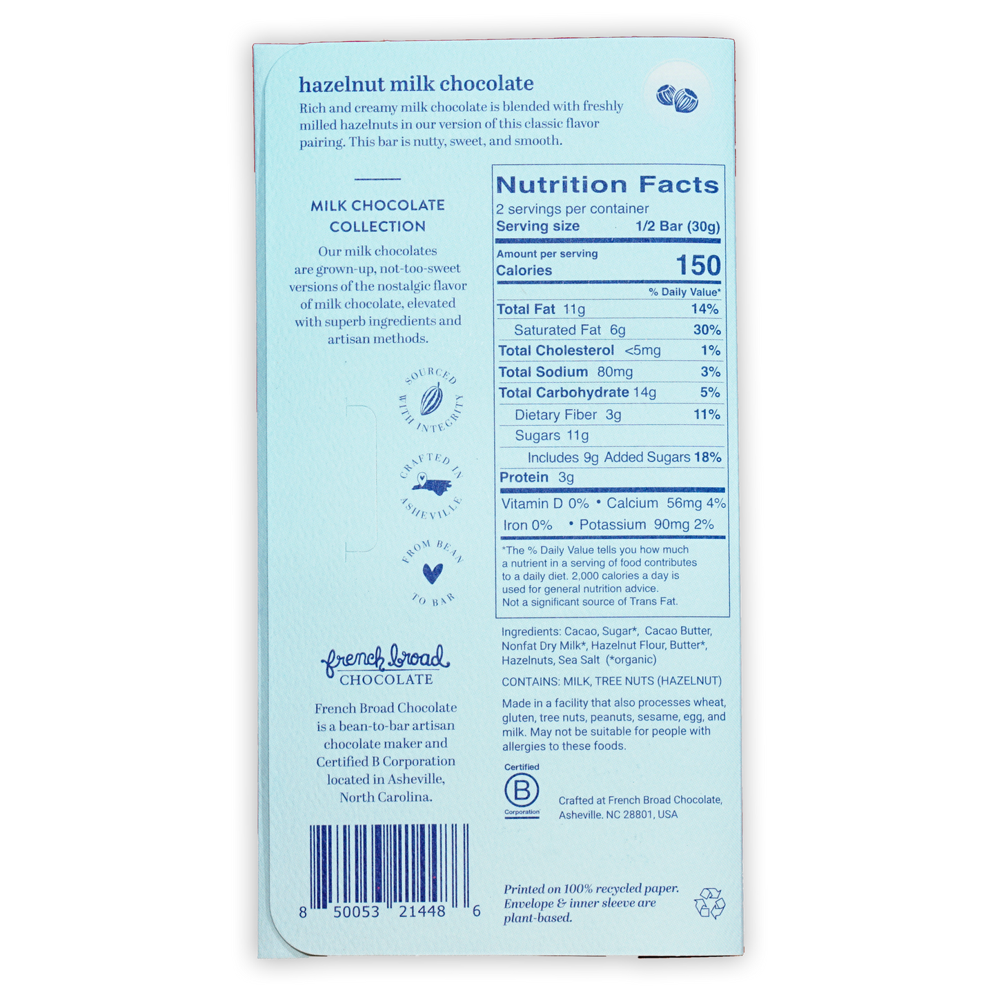 French Broad hazelnut milk chocolate 45% light blue package