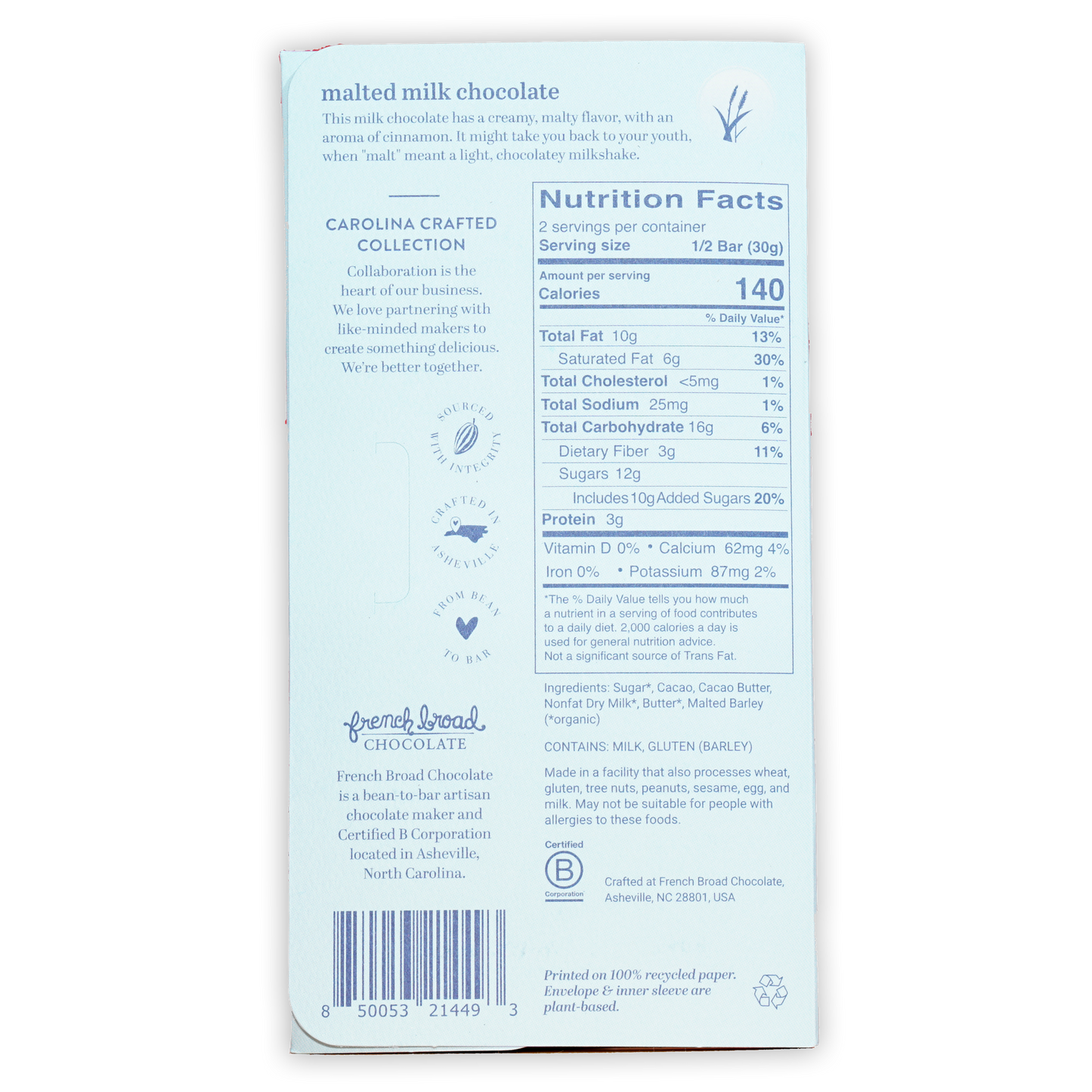 Back of French Broad Malted Milk Chocolate 45% bar wrapper