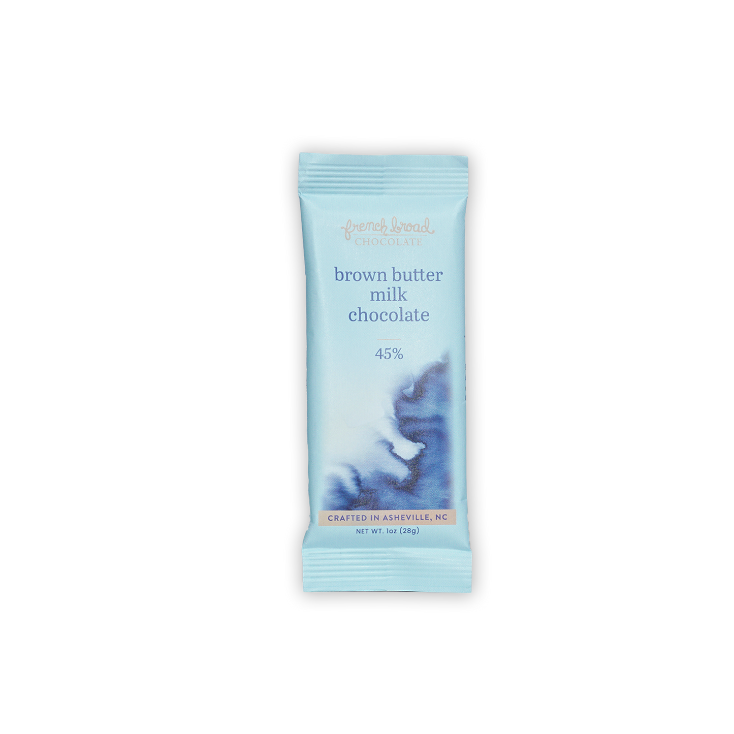 French Broad Mini Bars Brown Butter Milk 45% light blue wrapped bar