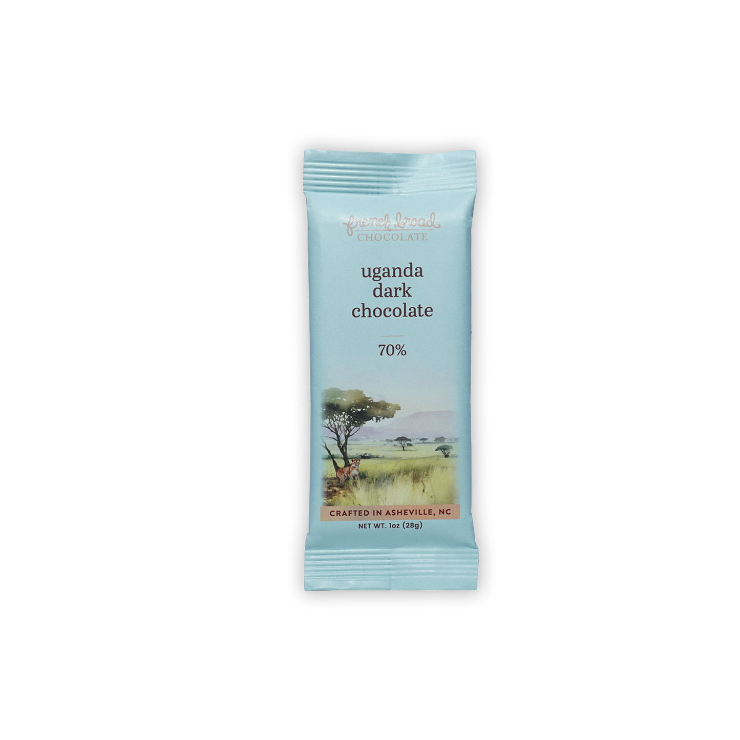 French Broad Mini Bars Uganda 70% light blue chocolate bar with scenic landscape