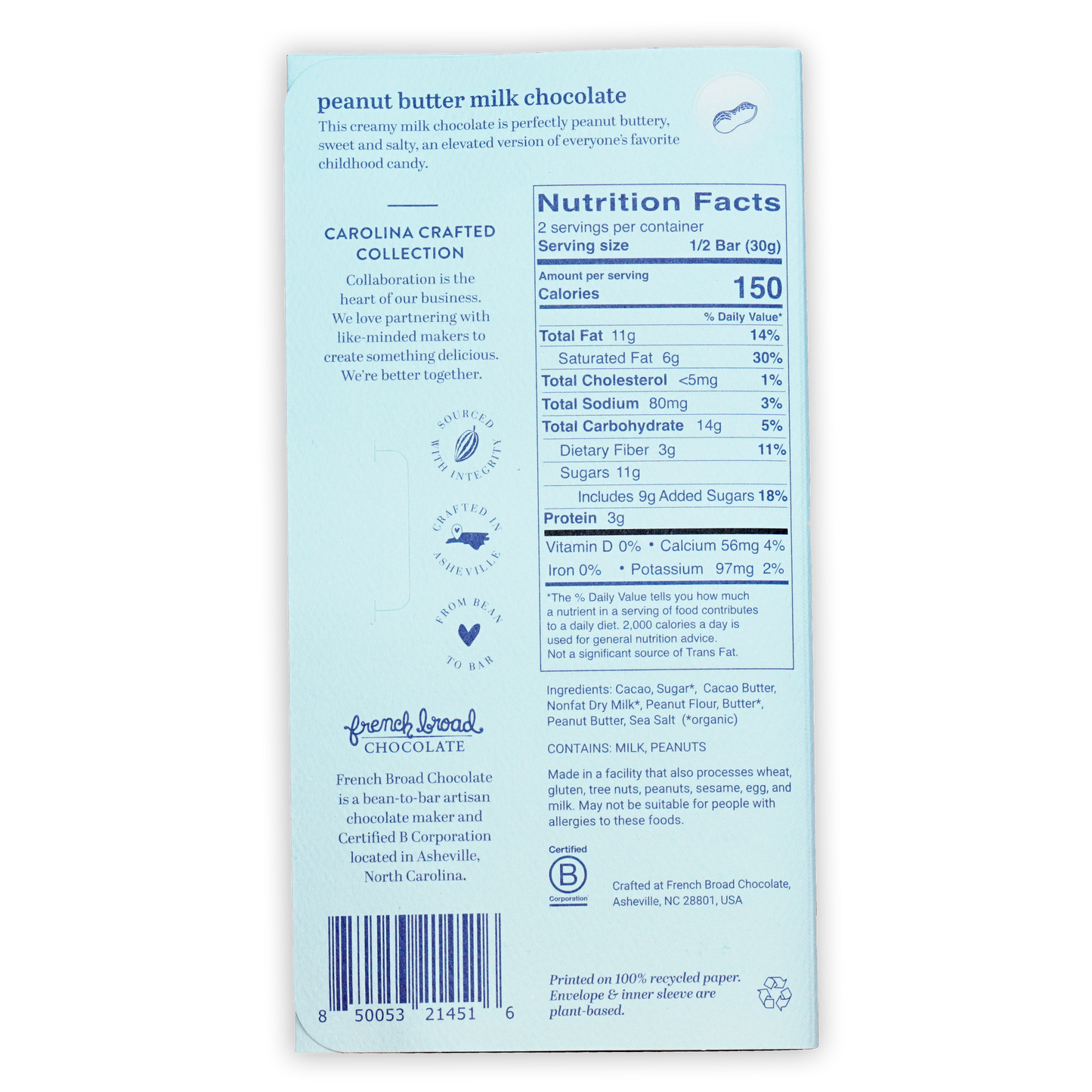 Back of French Broad Milk Chocolate w/ Peanut Butter 45% bar with nutrition facts