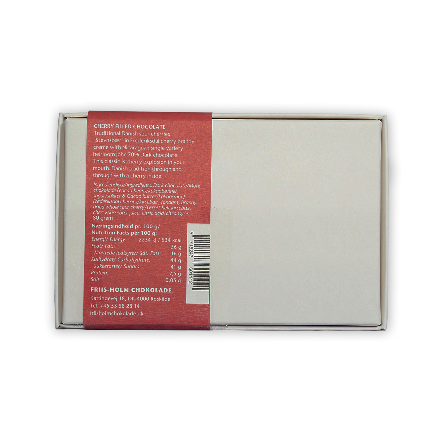 Friis Holm Frederiksdal Cherry Praline Box white with red label barcode