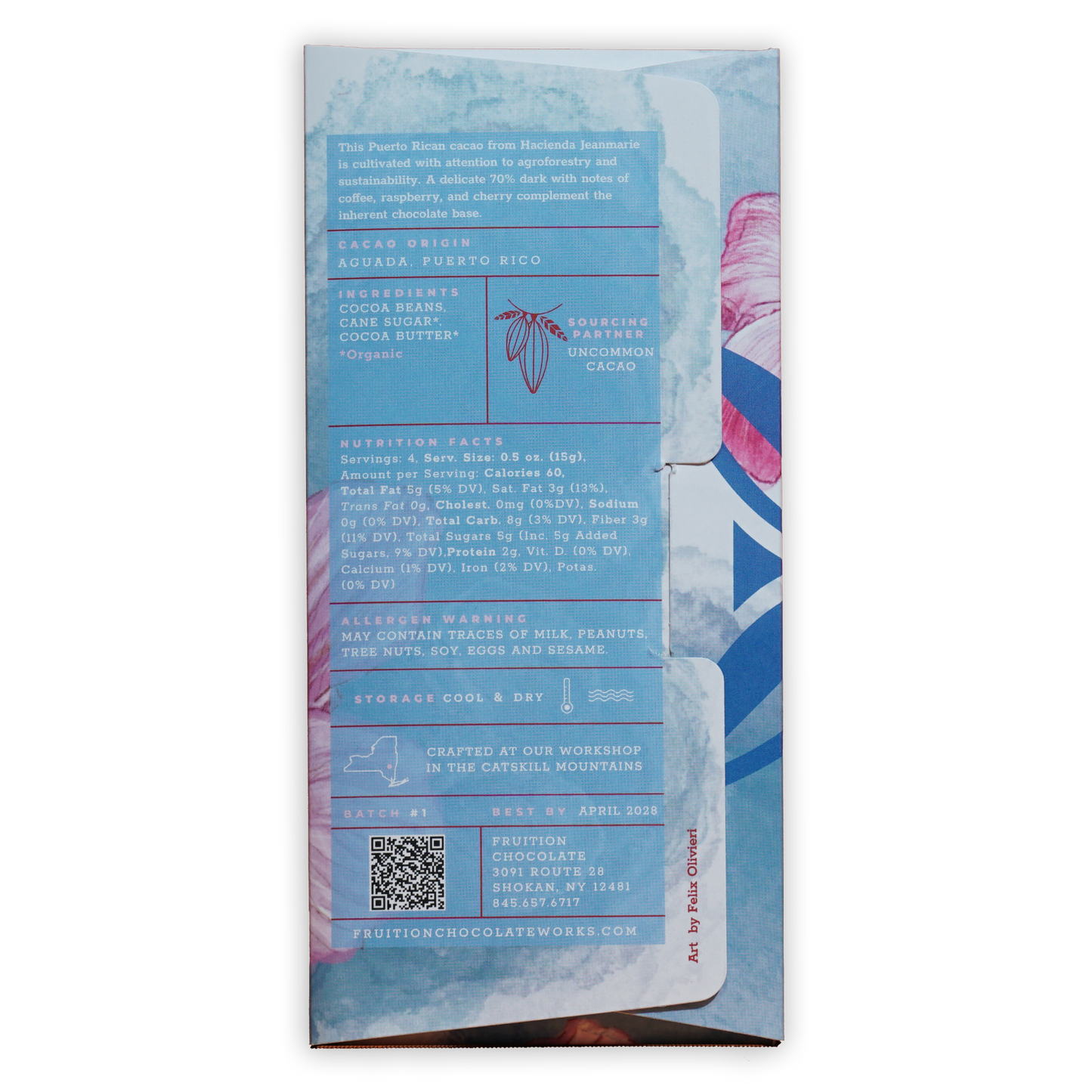 Fruition Dark Puerto Rico Jeanmarie 70% light blue floral chocolate wrapper