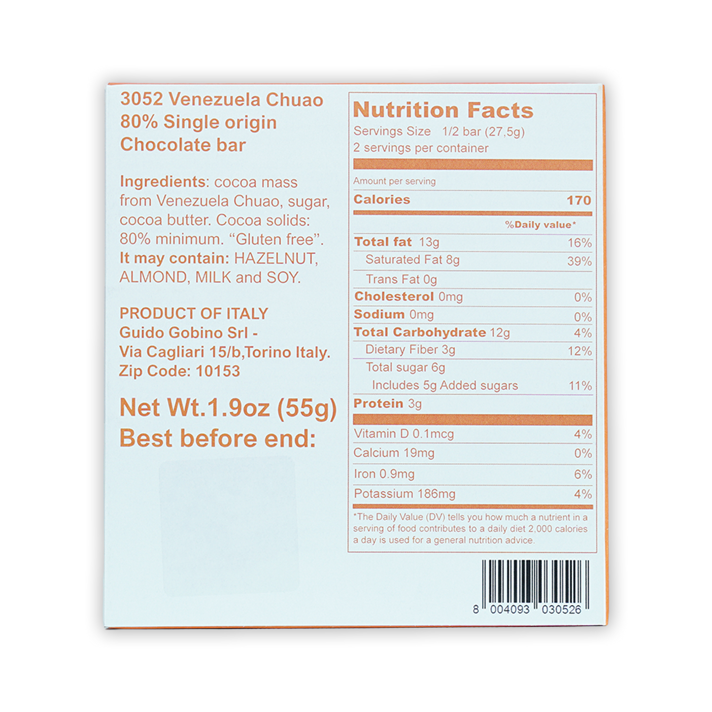 Guido Gobino Venezuela Chuao 80% dark chocolate bar nutrition facts back