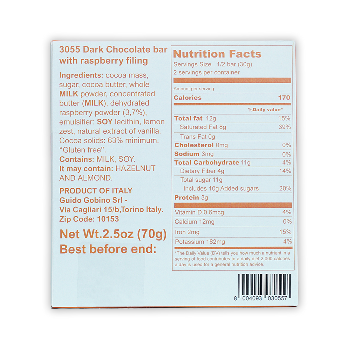 Guido Gobino 3055 dark chocolate bar with raspberry filling box back