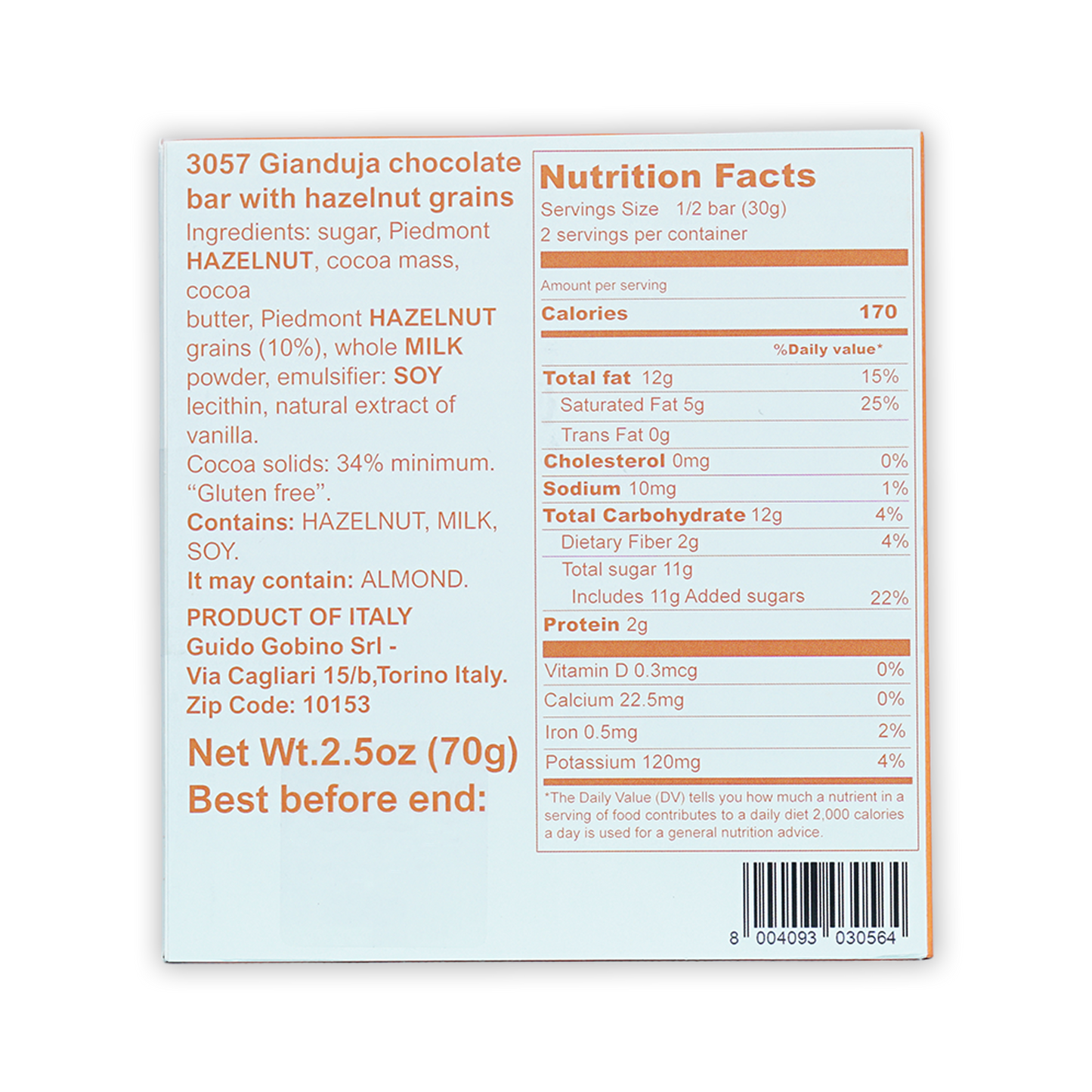 Guido Gobino gianduja chocolate bar 34% with hazelnuts, white box back with nutrition facts