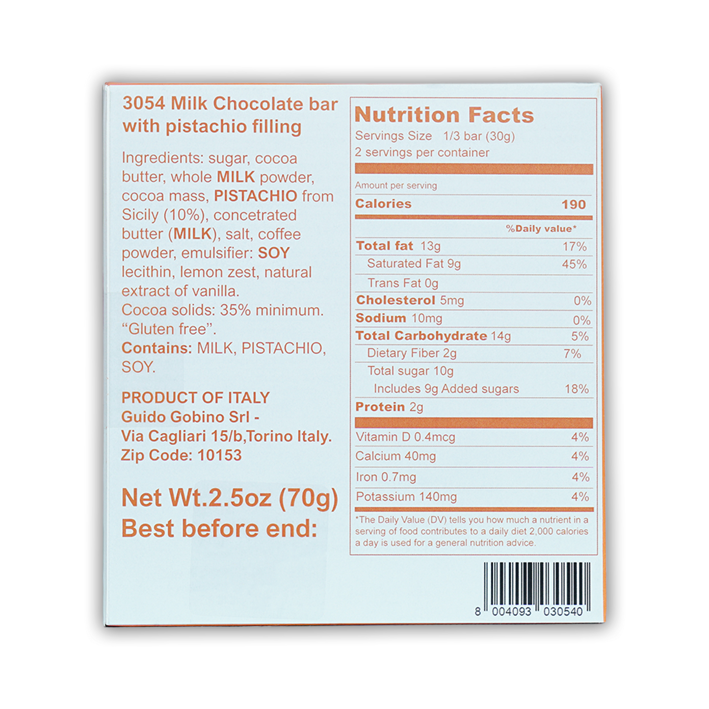 Guido Gobino 3054 milk chocolate pistachio praline bar back with nutrition