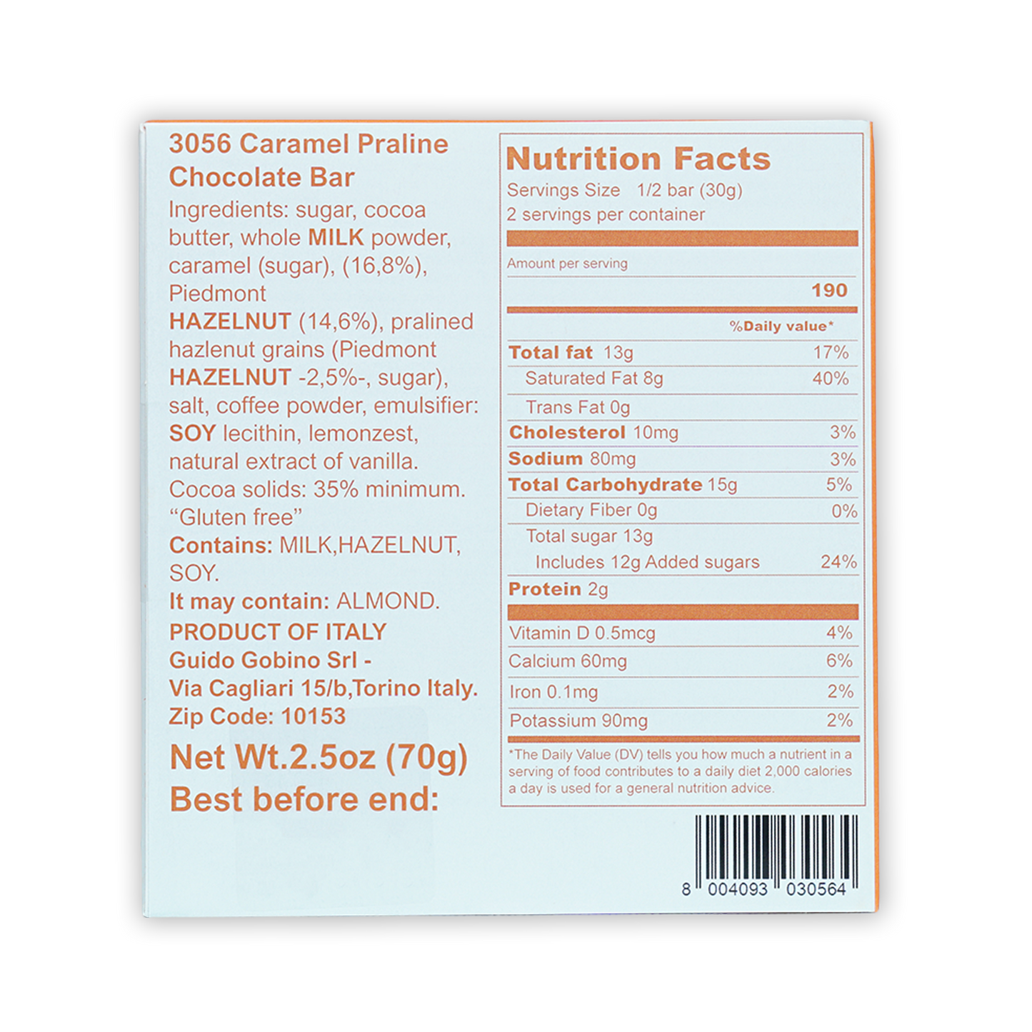 Guido Gobino white caramel praline chocolate bar 35% back with nutrition facts