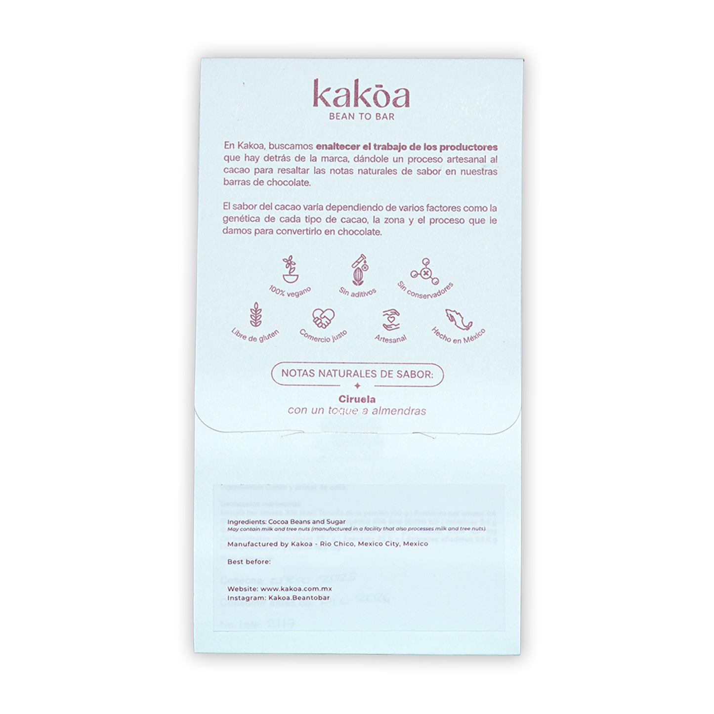 Kakoa Dark Chocolate Pichucalco 76% white vegan packaging with icons