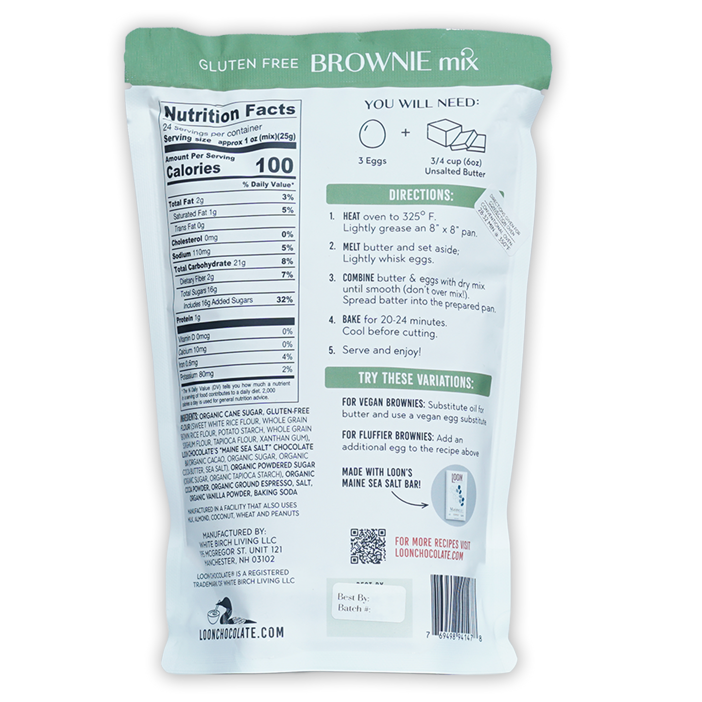 Loon Chocolate gluten-free brownie mix in white green package