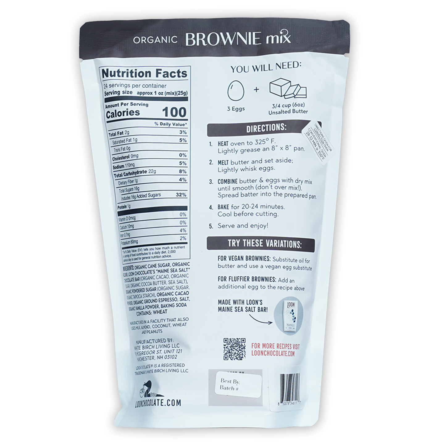 Loon Chocolate Organic Brownie Mix white bag with ingredients and QR code