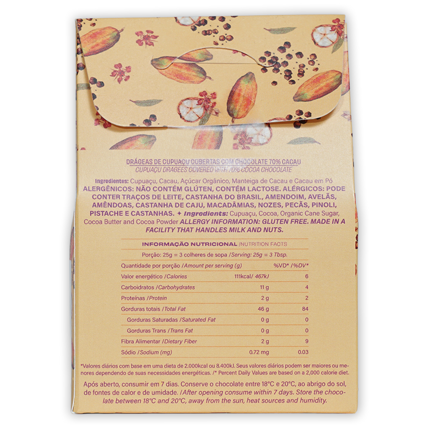 Beige Luisa Abram Dragees wrapper with cocoa pods, flowers, seeds pattern