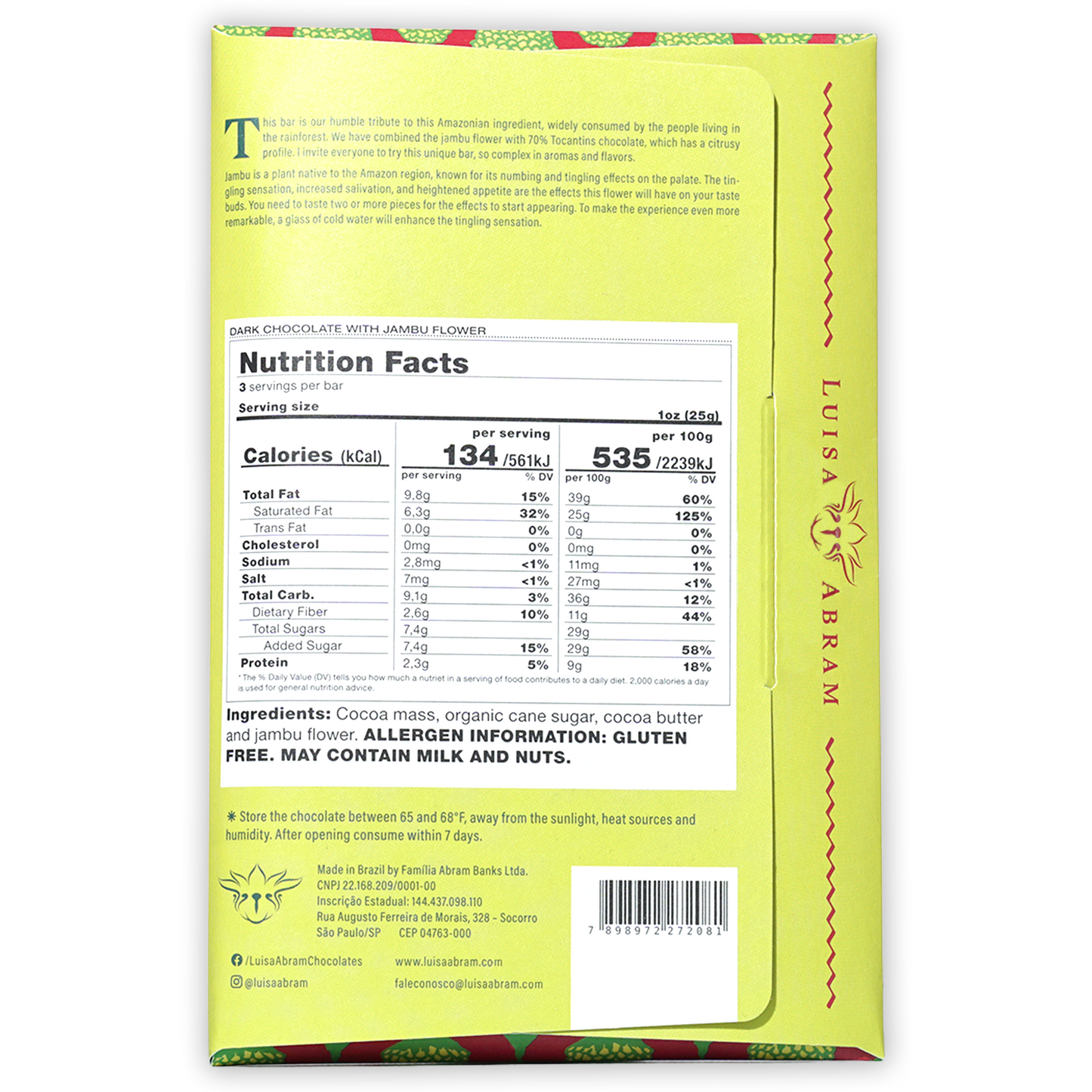 Luisa Abram 70% dark chocolate with jambu flower, lime green wrapper