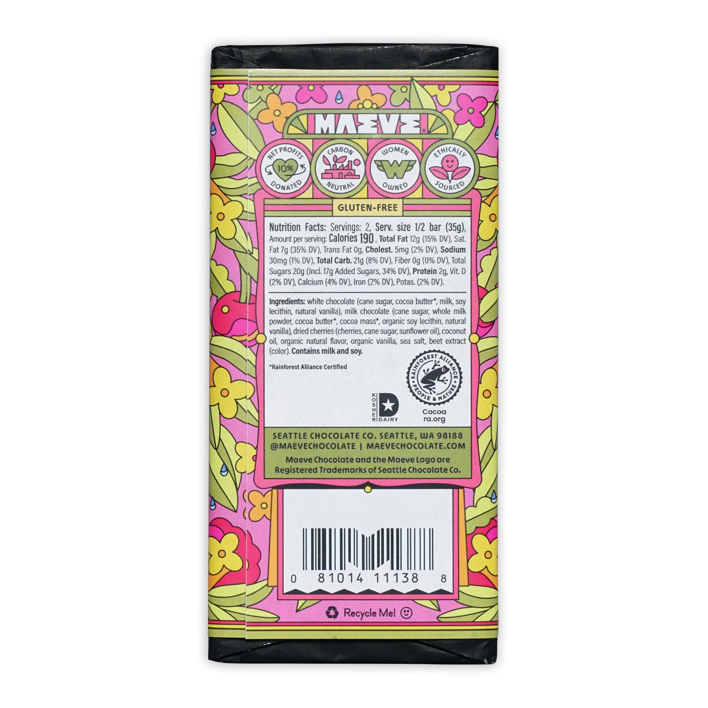 Maeve Cherry Bomb milk and white truffle bar in colorful floral wrapper