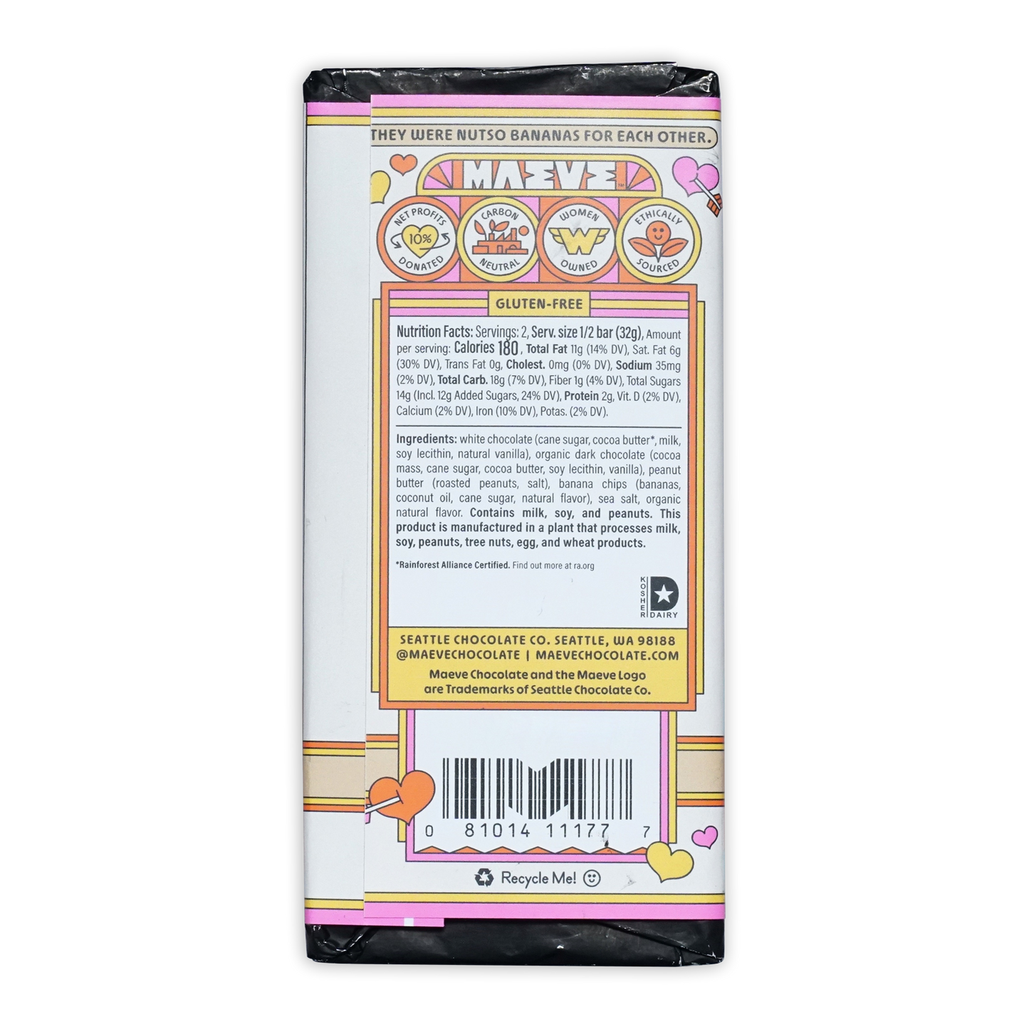 Back of Maeve Peanut Butter Banana Affair Truffle Bar with pink wrapper and playful banana flavor label