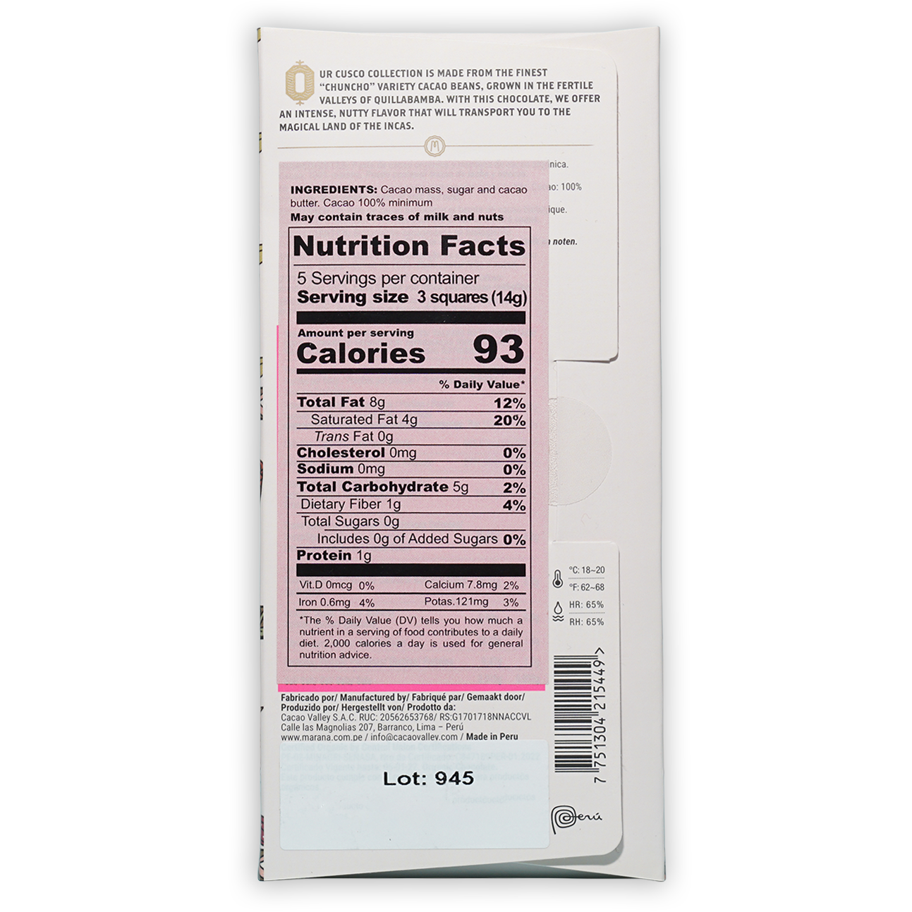 Marana Cusco Dark 100% white chocolate bar wrapper with pink label