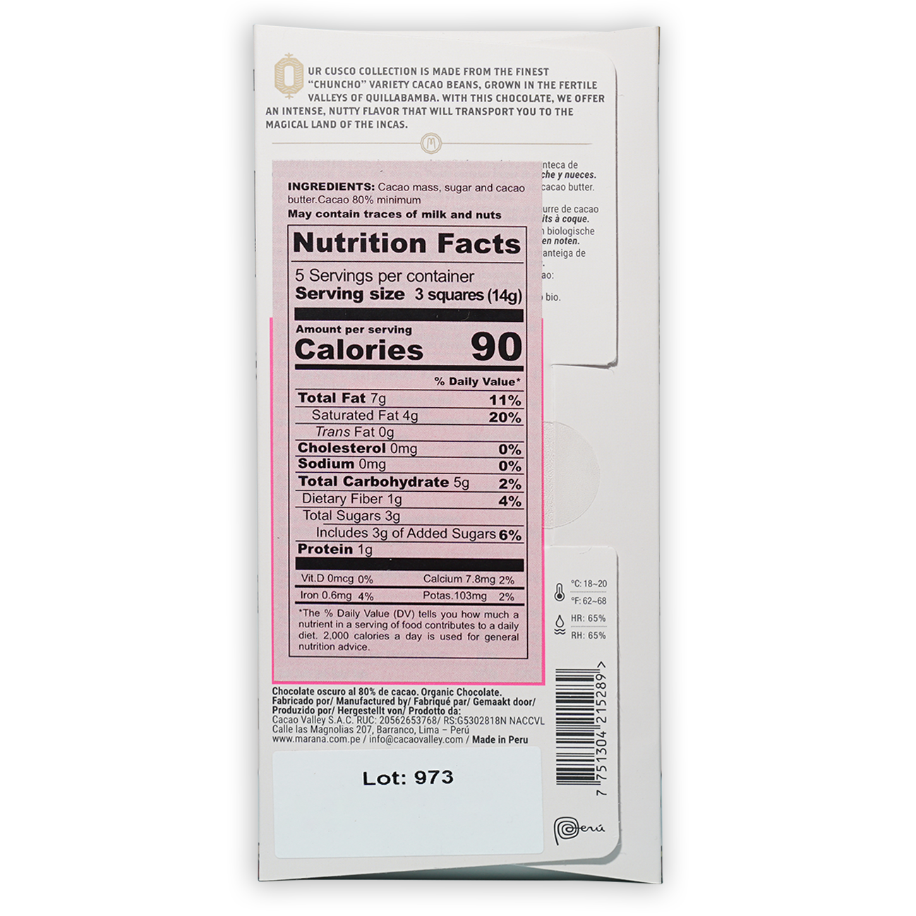 Back of Marana Cusco Dark 80% white chocolate bar wrapper with Ur Cusco collection nutrition facts