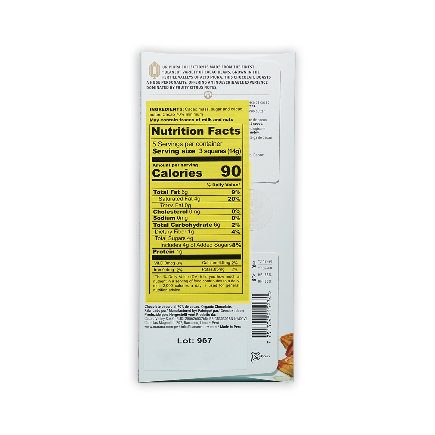 Back of Marana Piura Dark 70% chocolate bar wrapper with yellow nutrition label