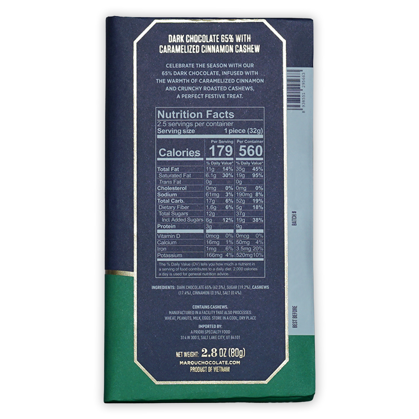 Marou Maison Dark Chocolate Carmelized Cinnamon Cashew 65% (Seasonal)