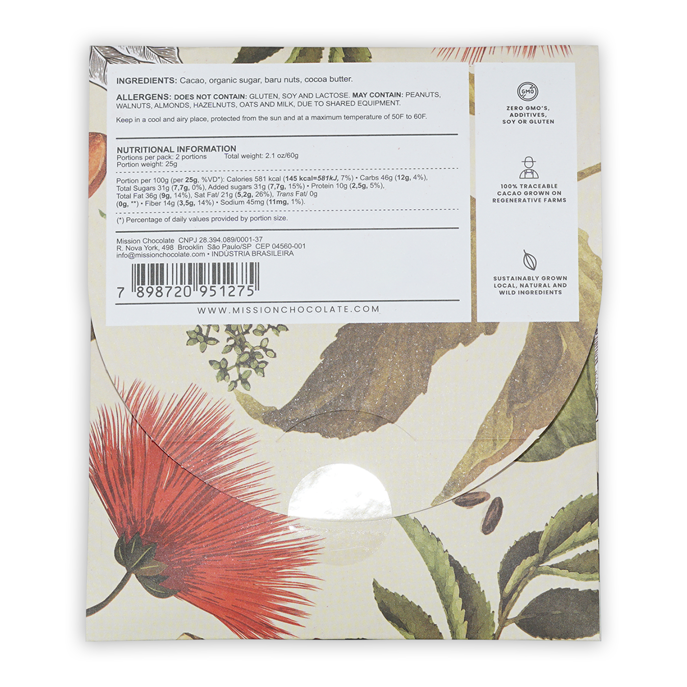 Mission Chocolate Baru Nut 70% dark chocolate bar with botanical sleeve