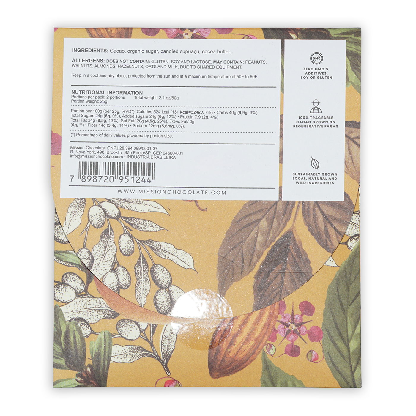 Back of Mission Chocolate Cupuacu 70% bar wrapper with cocoa pod illustration