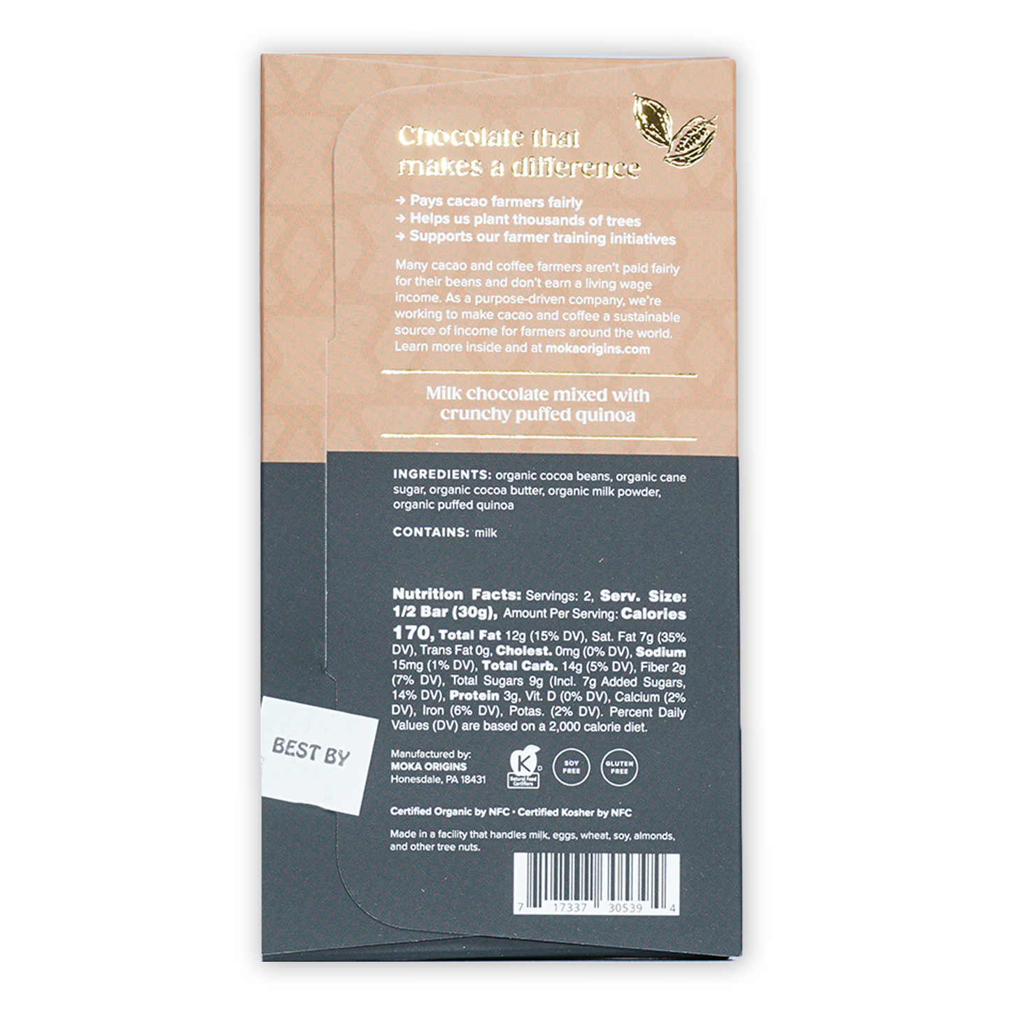 Moka Quinoa Crunch Milk Chocolate 58% bar with puffed quinoa in tan gray wrapper