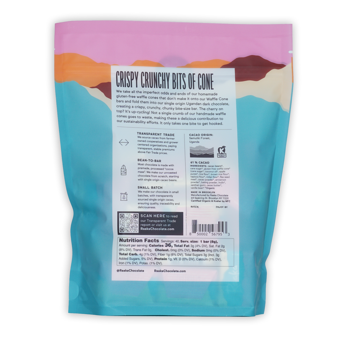 Back of Raaka Waffle Crunch Mini Chocolate Bars 61% 40ct bag
