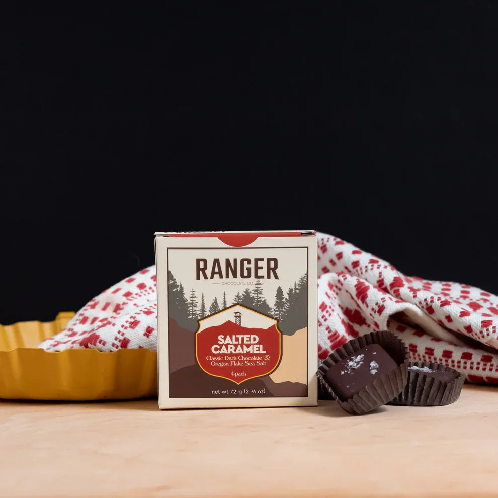 Ranger Salted Caramel Box 4 pcs dark chocolate bar with forest design