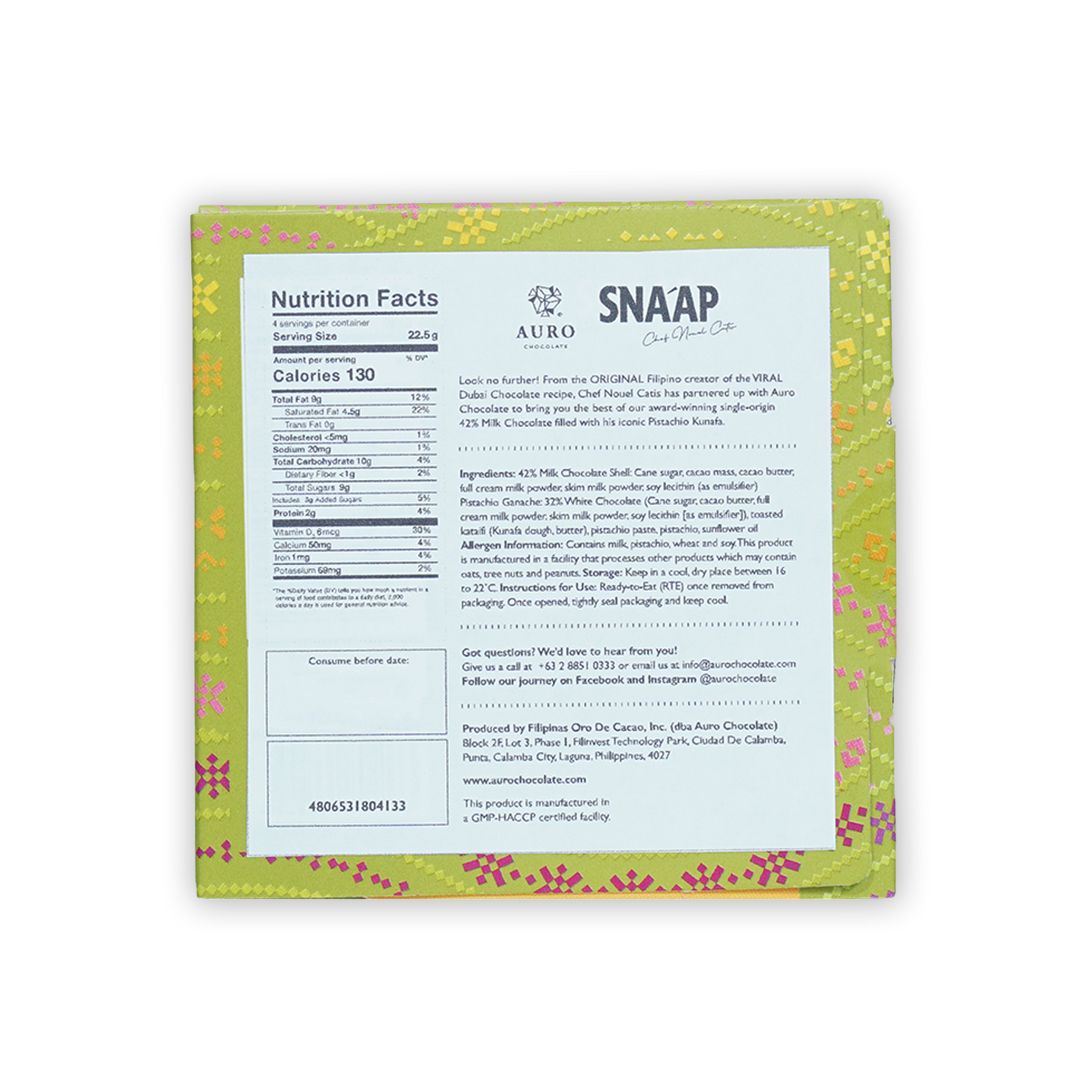 Back of SNAAP Dubai Milk Chocolate 42% bar by Auro in vibrant green pink box