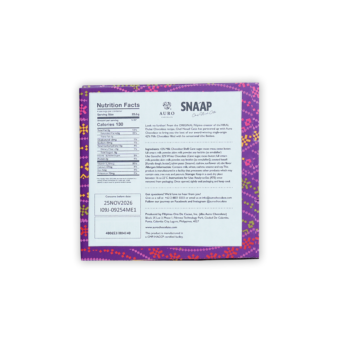SNA'AP Manila (Ube Ganache) Milk Chocolate 42% (by Auro)
