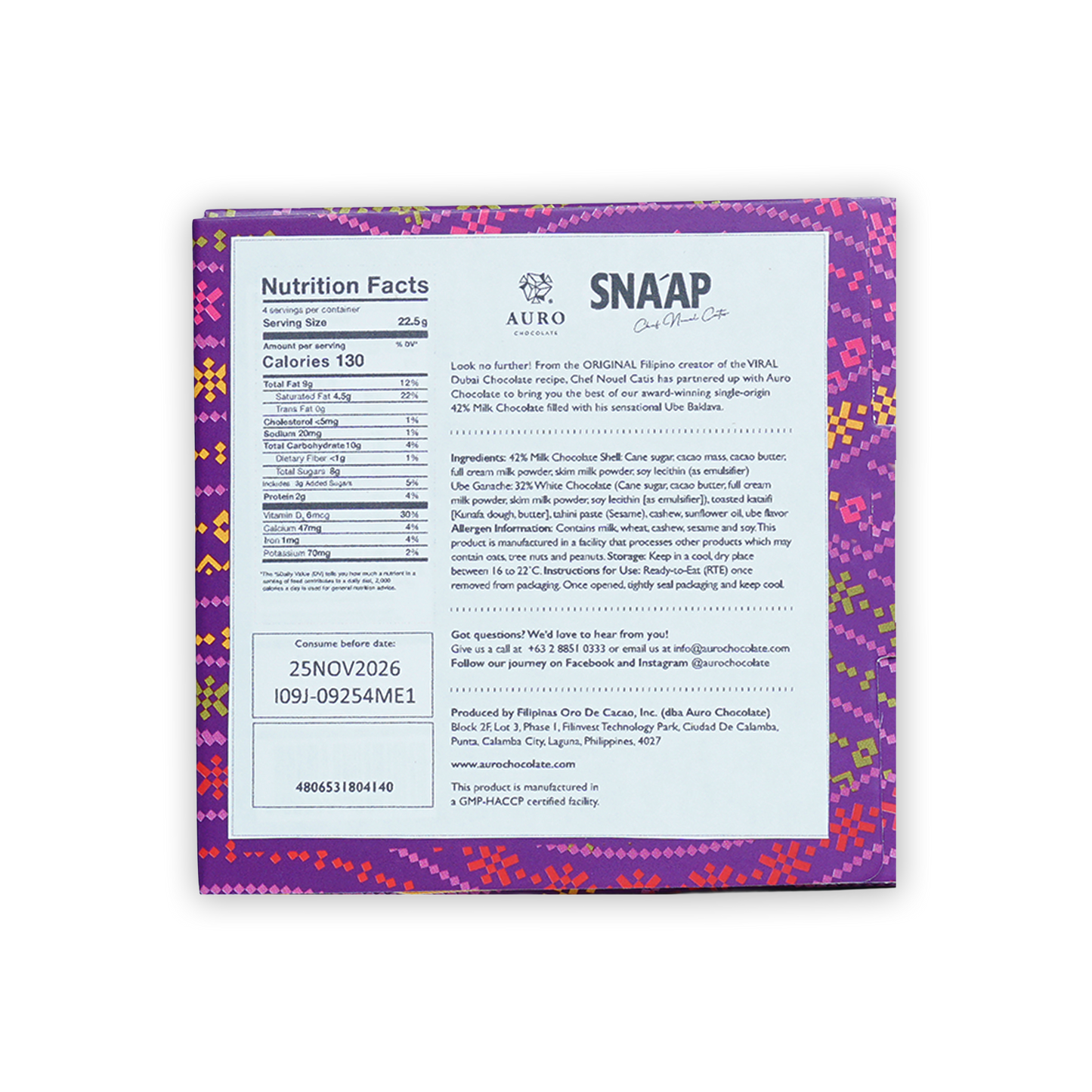 Snaap Manila Ube Ganache milk chocolate bar 42% by Auro in purple pink box