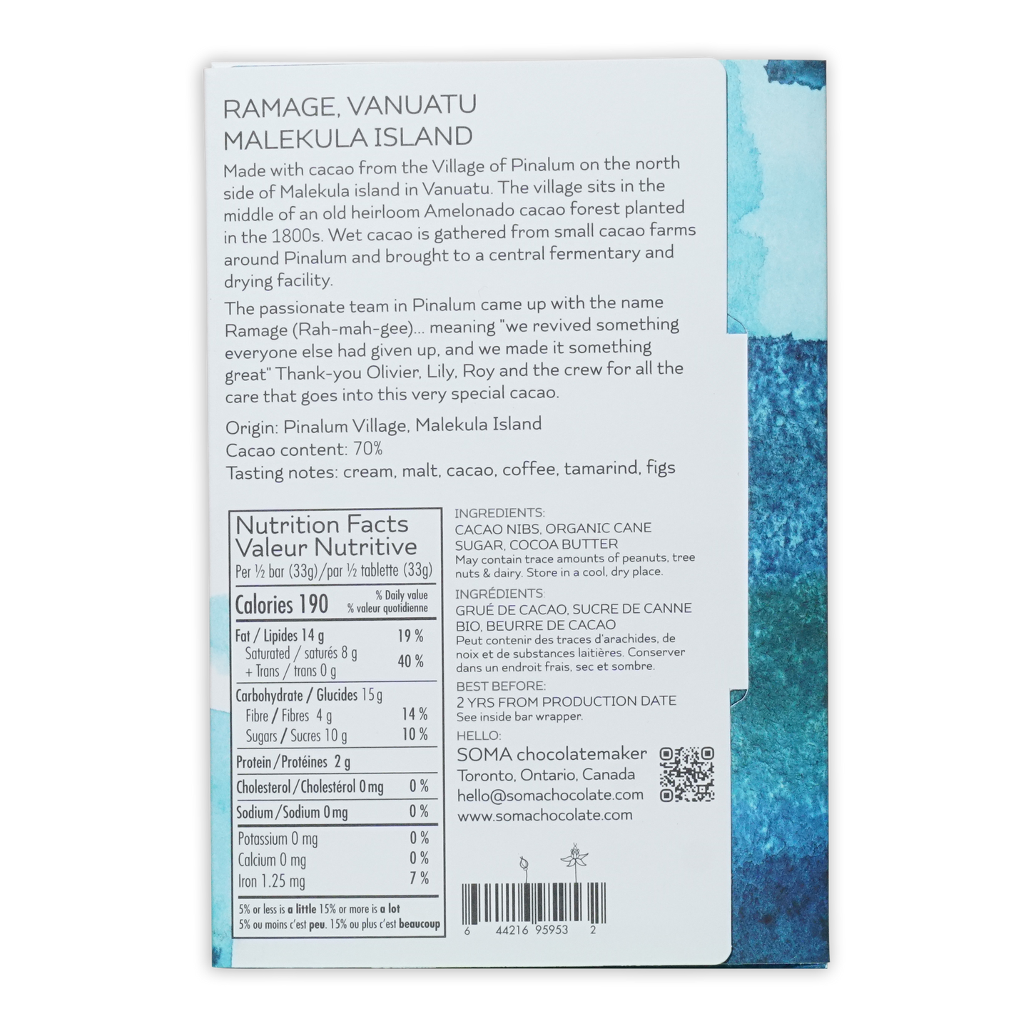 Back of Soma Ramage Vanuatu 70% white chocolate bar wrapper with teal design