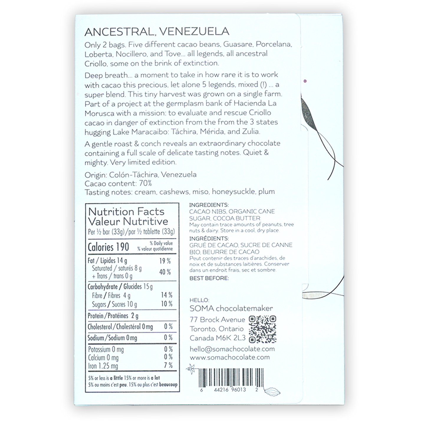 Soma Ancestral Venezuela 70% white wrapper with black text and leaf illustrations