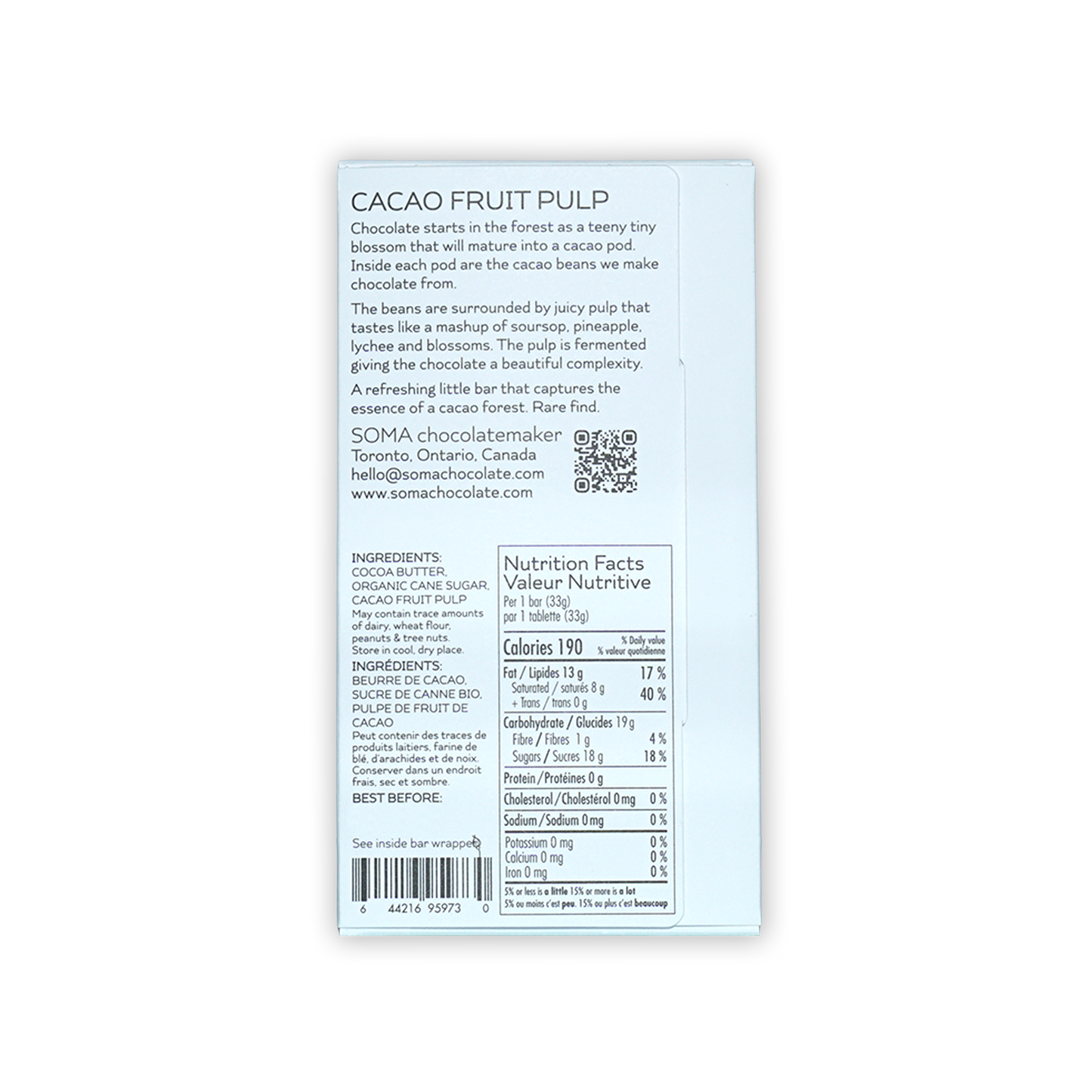 Back of Soma Mini Cacao Fruit Pulp white box with ingredients and nutrition facts