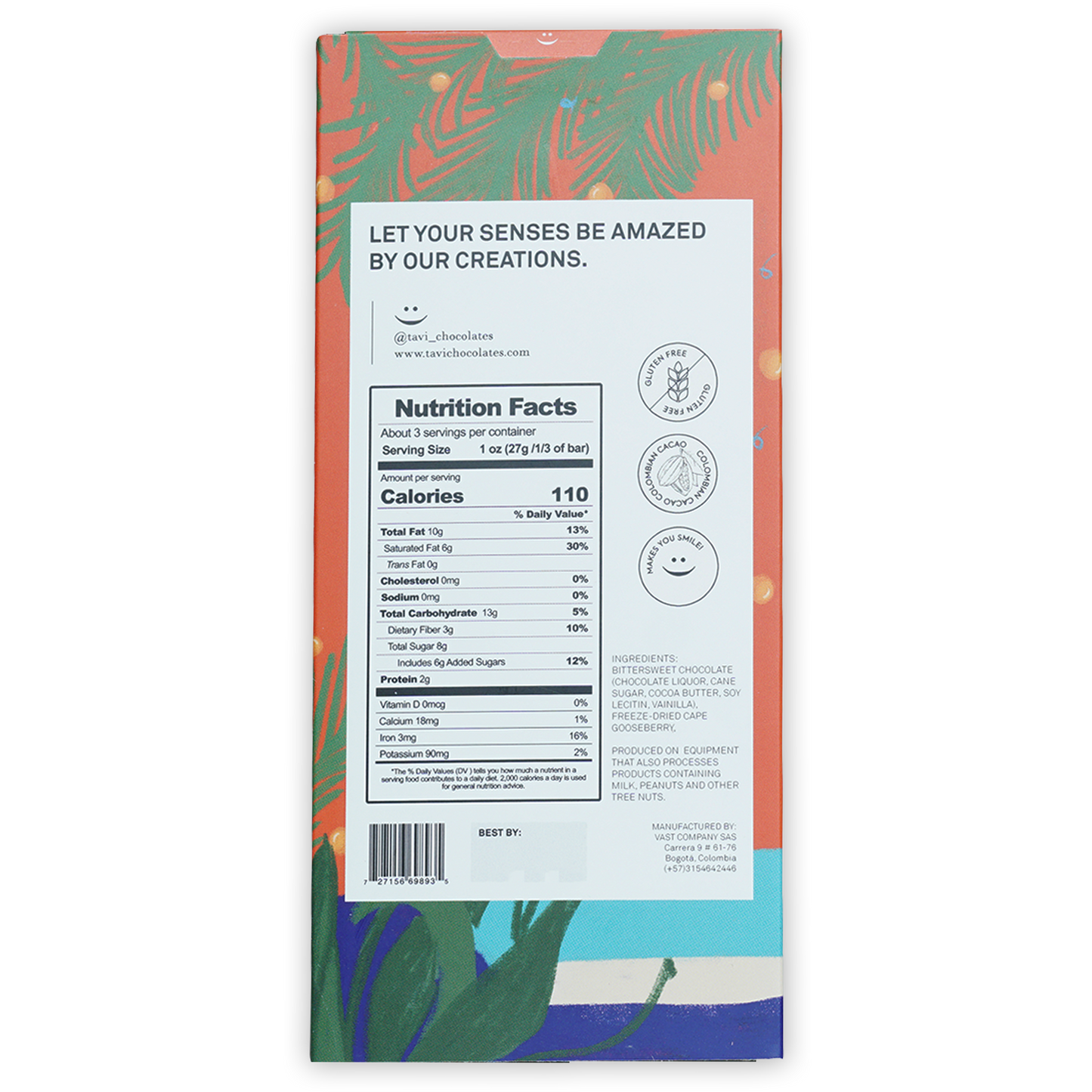 Tavi Dark Chocolate w/ Golden Berry 72% wrapper with tropical design