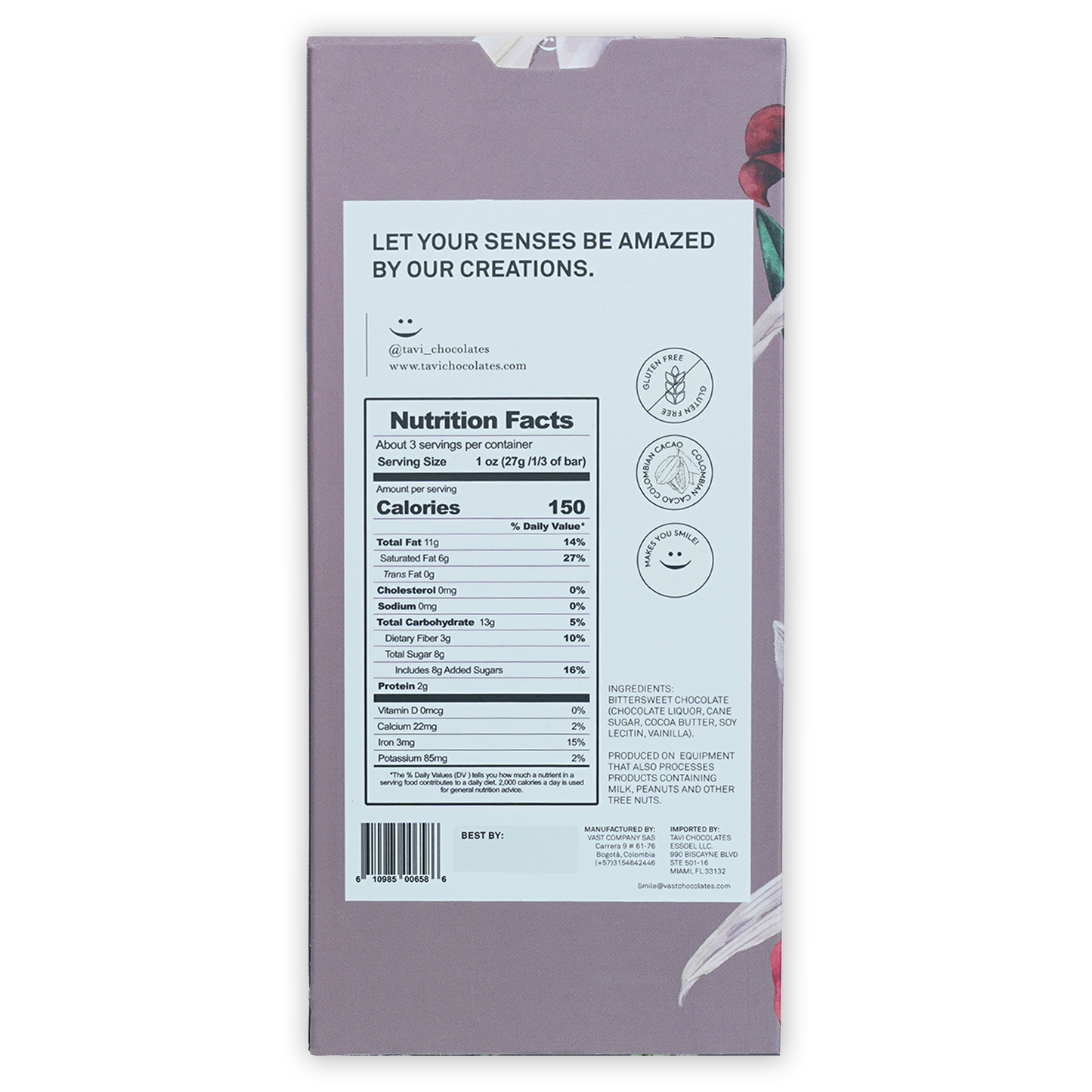 Back of Tavi Dark Chocolate 72% lavender wrapper with nutrition facts